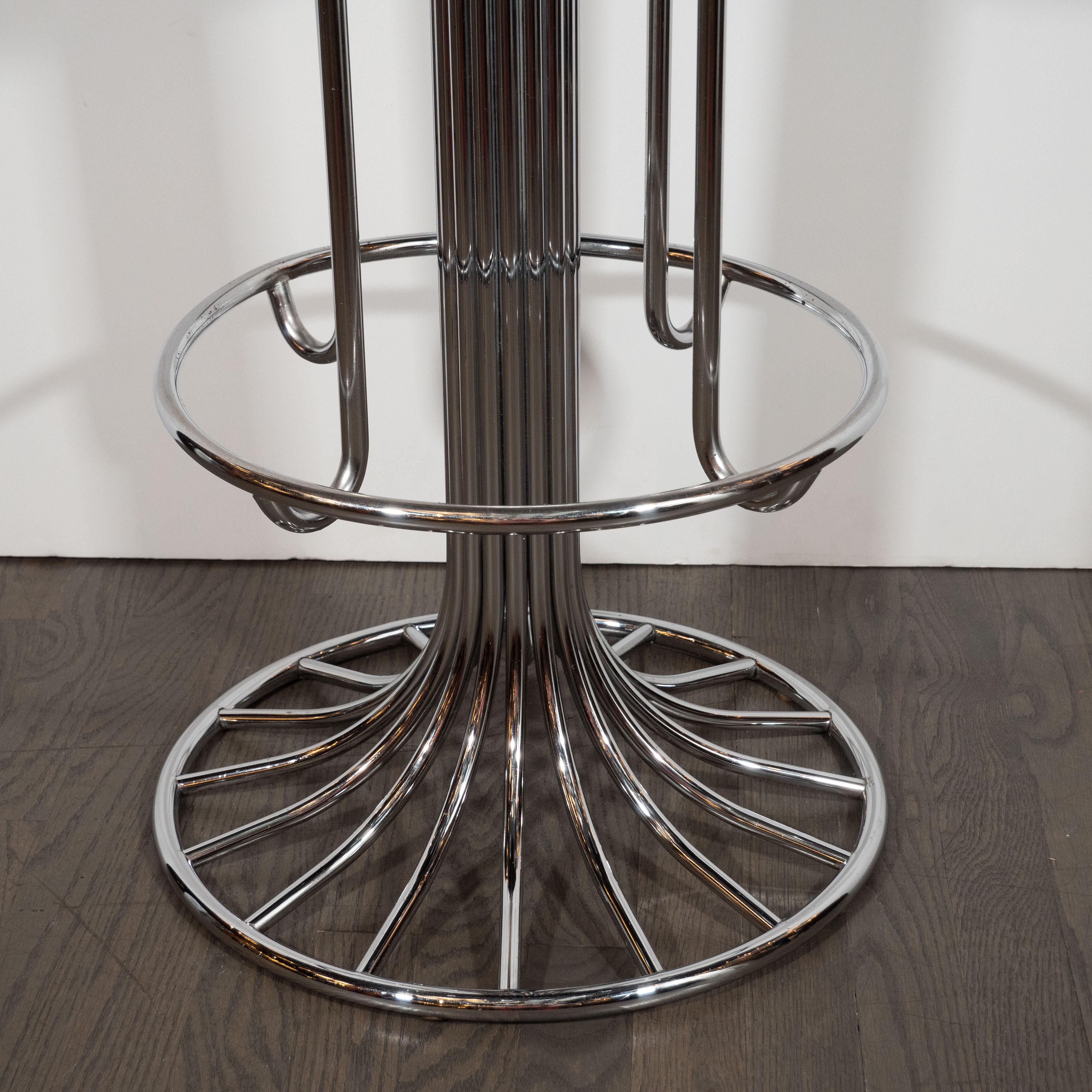 American Set of Three Mid-Century Modern Chrome and Dove Gray Swivel Bar Stools