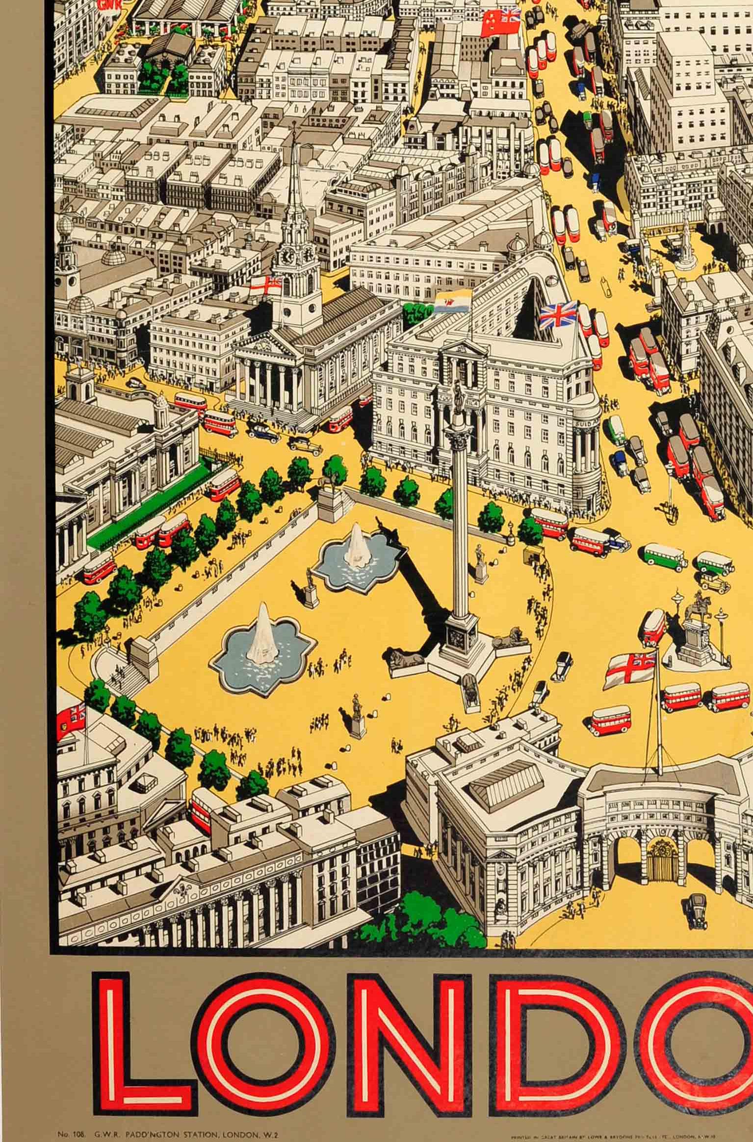 Mid-20th Century Rare Original Vintage London GWR Great Western Railway Poster Ft Bird's Eye View
