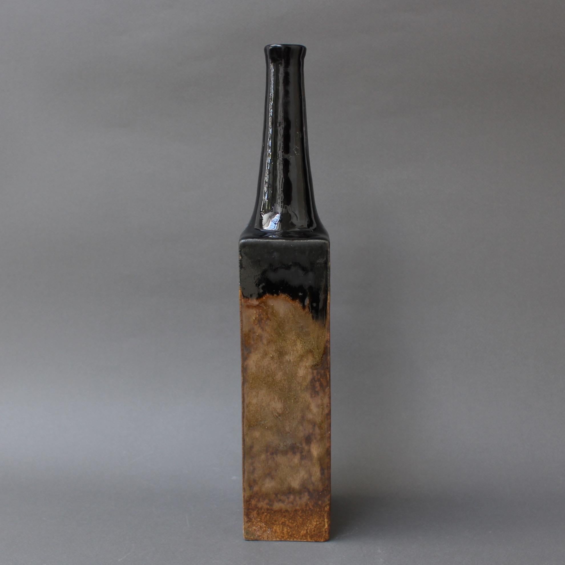 Glazed Black and Chocolate Brown Ceramic Bottle-Shaped Vase by Bruno Gambone, c. 1980s For Sale