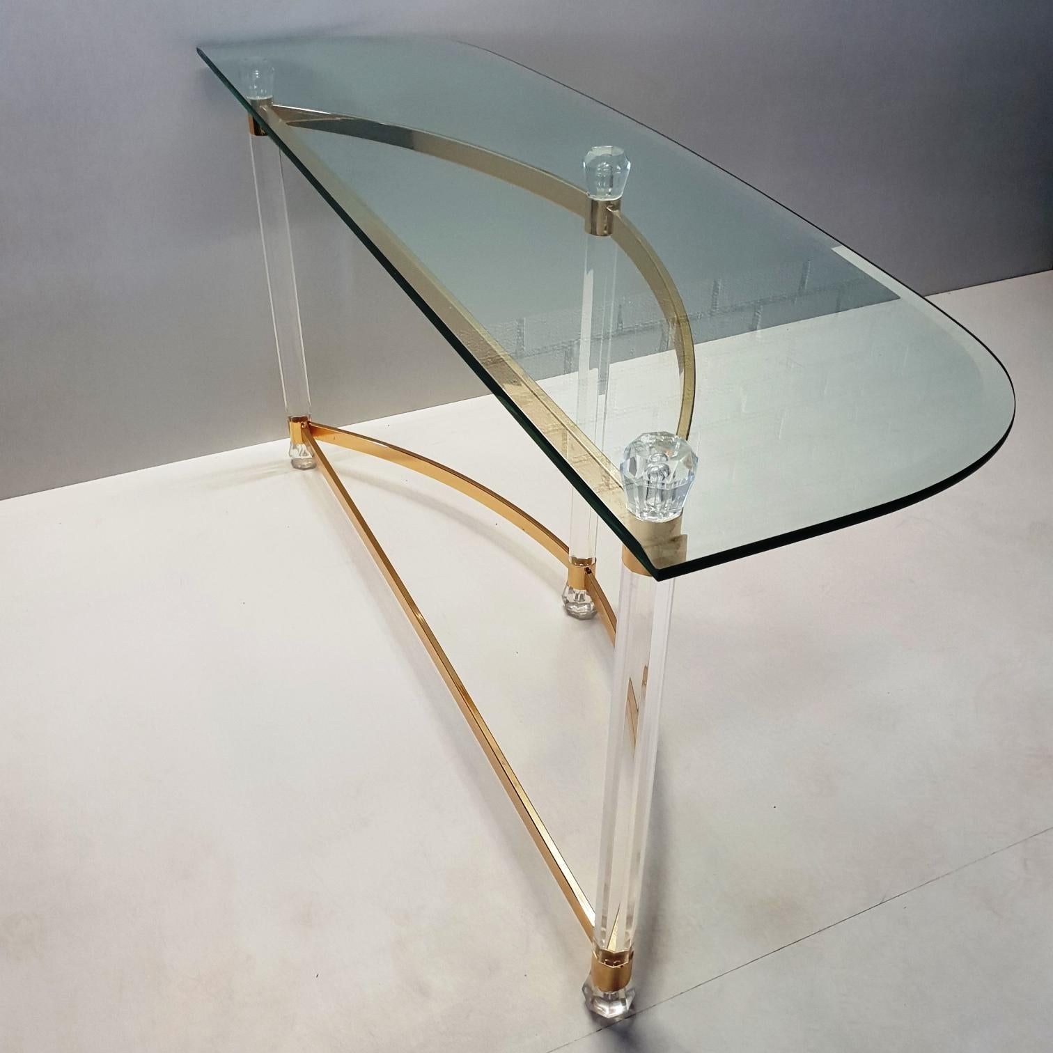 Faceted French Brass and Lucite Console Table with Facet Glass Top, 1970s