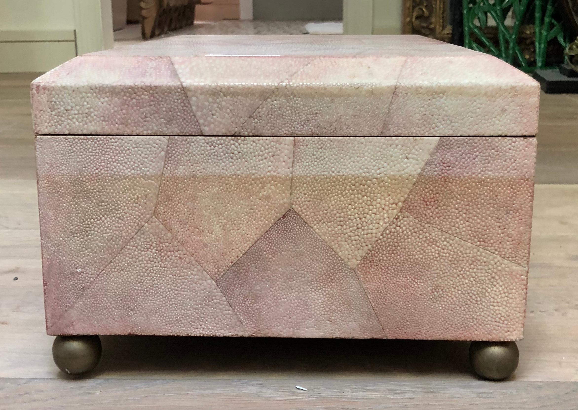Late 20th Century Unique Pink Shagreen, Velvet Lined Box on Brass Ball Feet