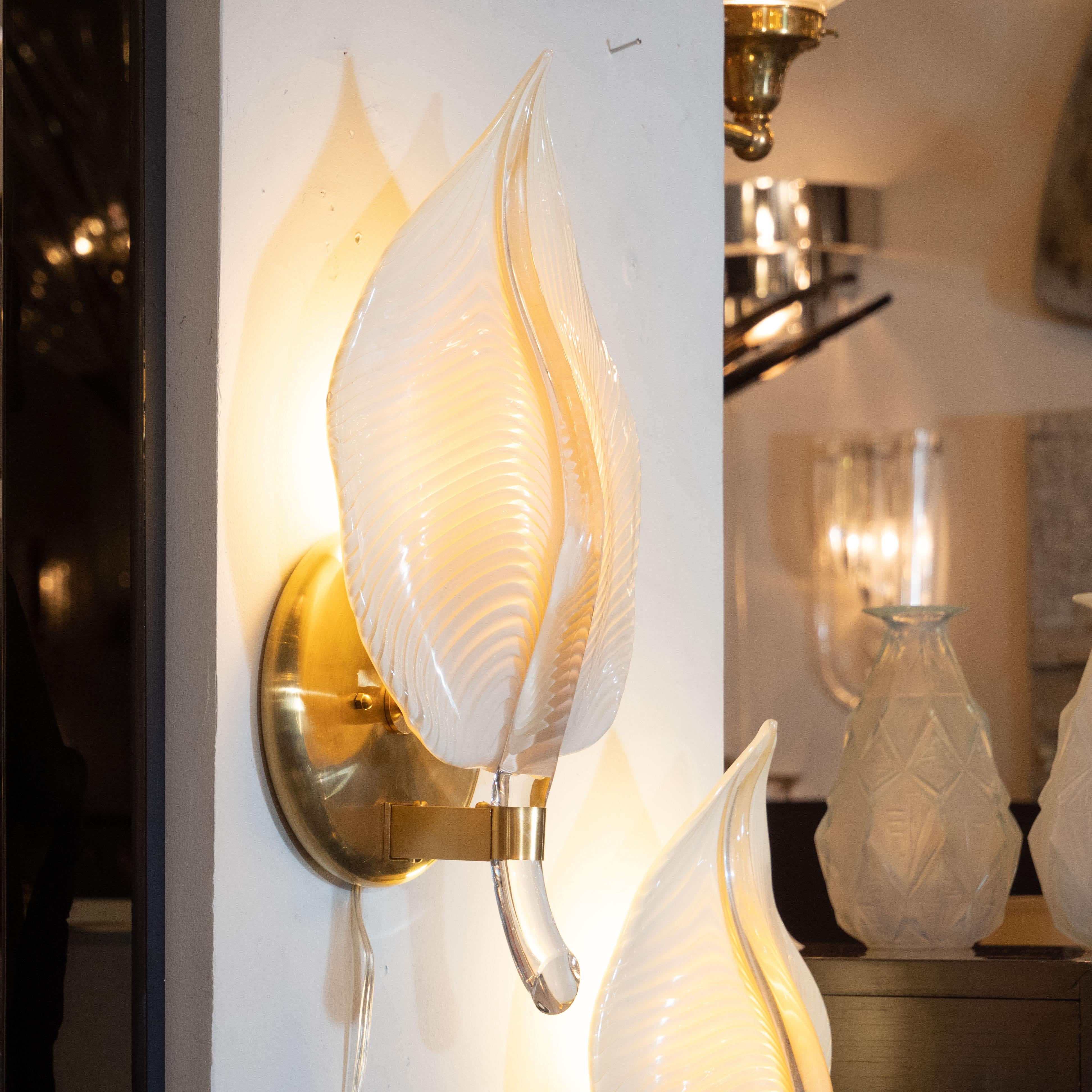 Italian Pair of Handblown Murano Honeycomb Leaf Sconces with Brass Detailing