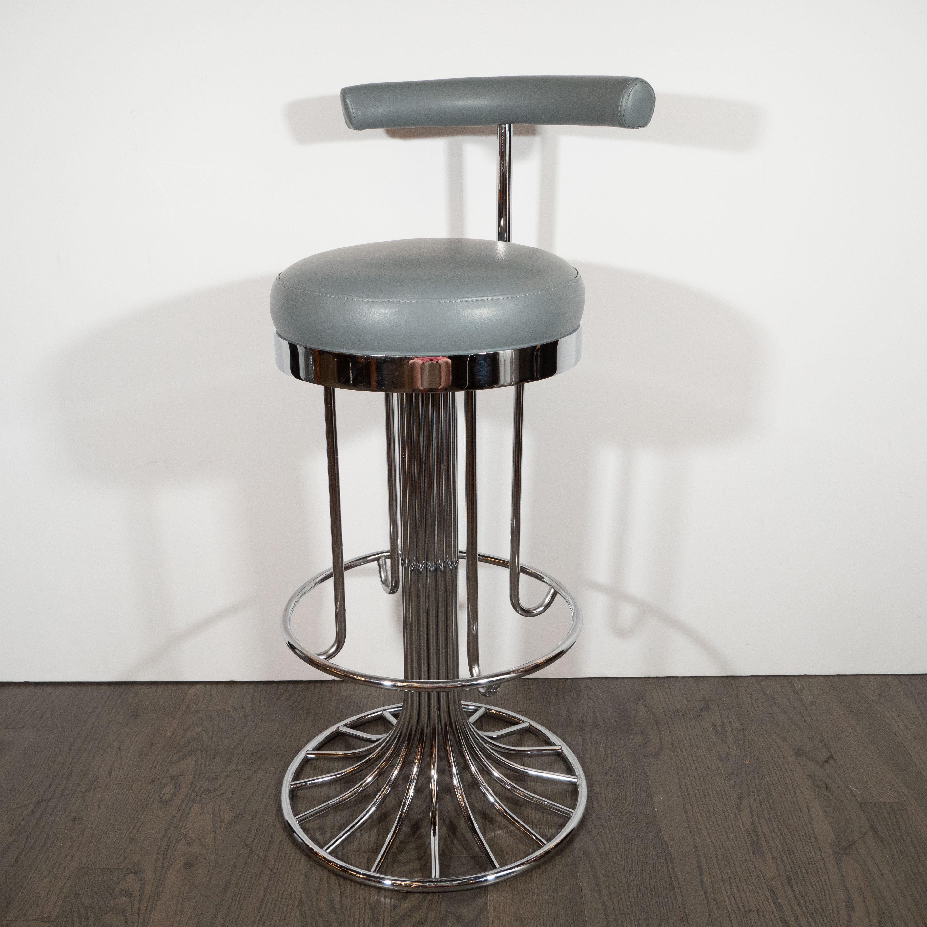 Set of Three Mid-Century Modern Chrome and Dove Gray Swivel Bar Stools In Excellent Condition In New York, NY