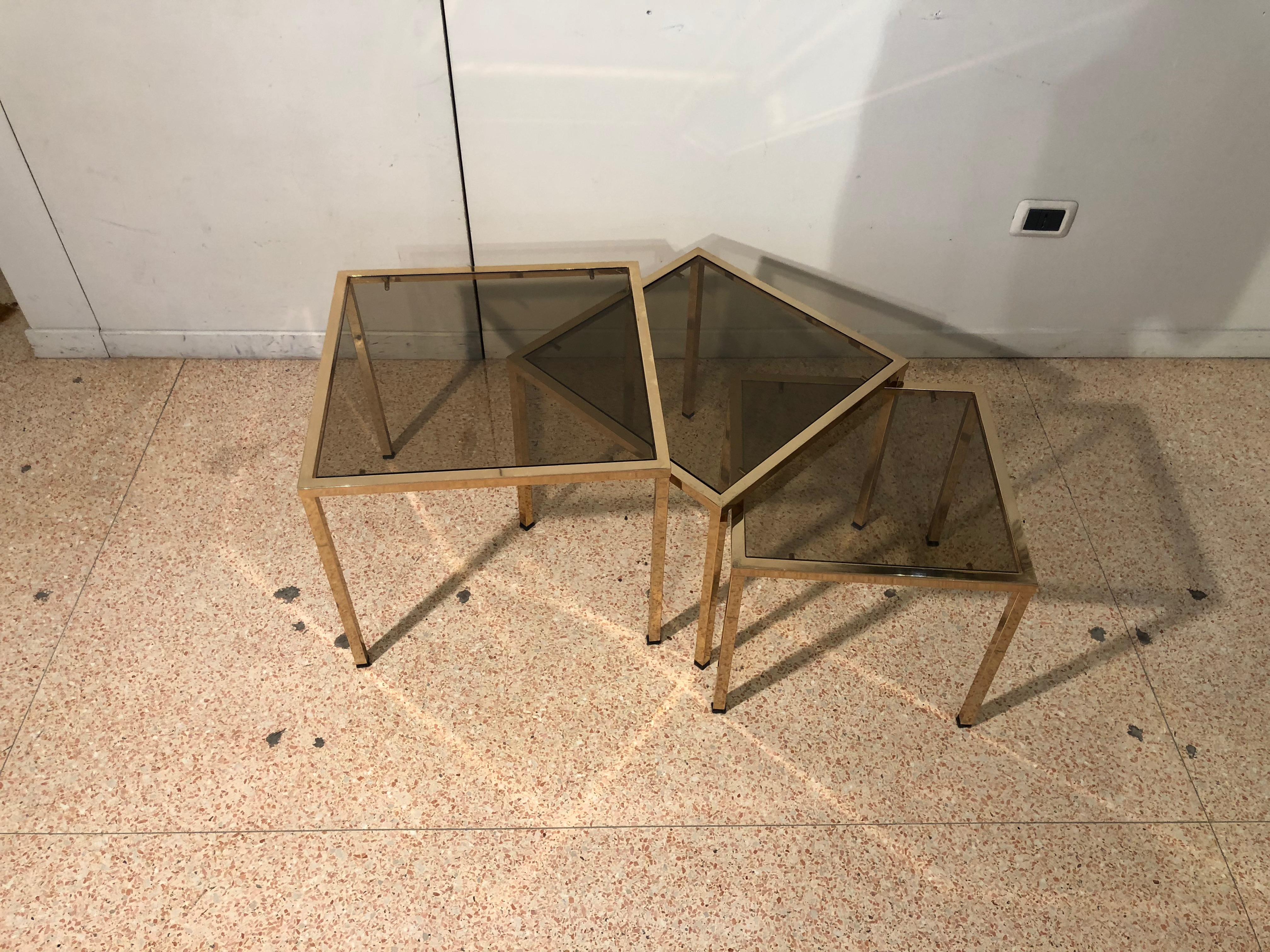 20th Century Set of Three Small Gold Brass Structure and Smoked Glass Tables, France, 1970