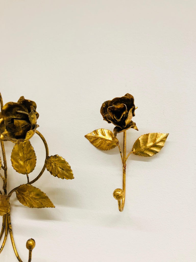 Italian Florentine Gold Gilt Metal Rose Coat Hook Set Toleware Tole
