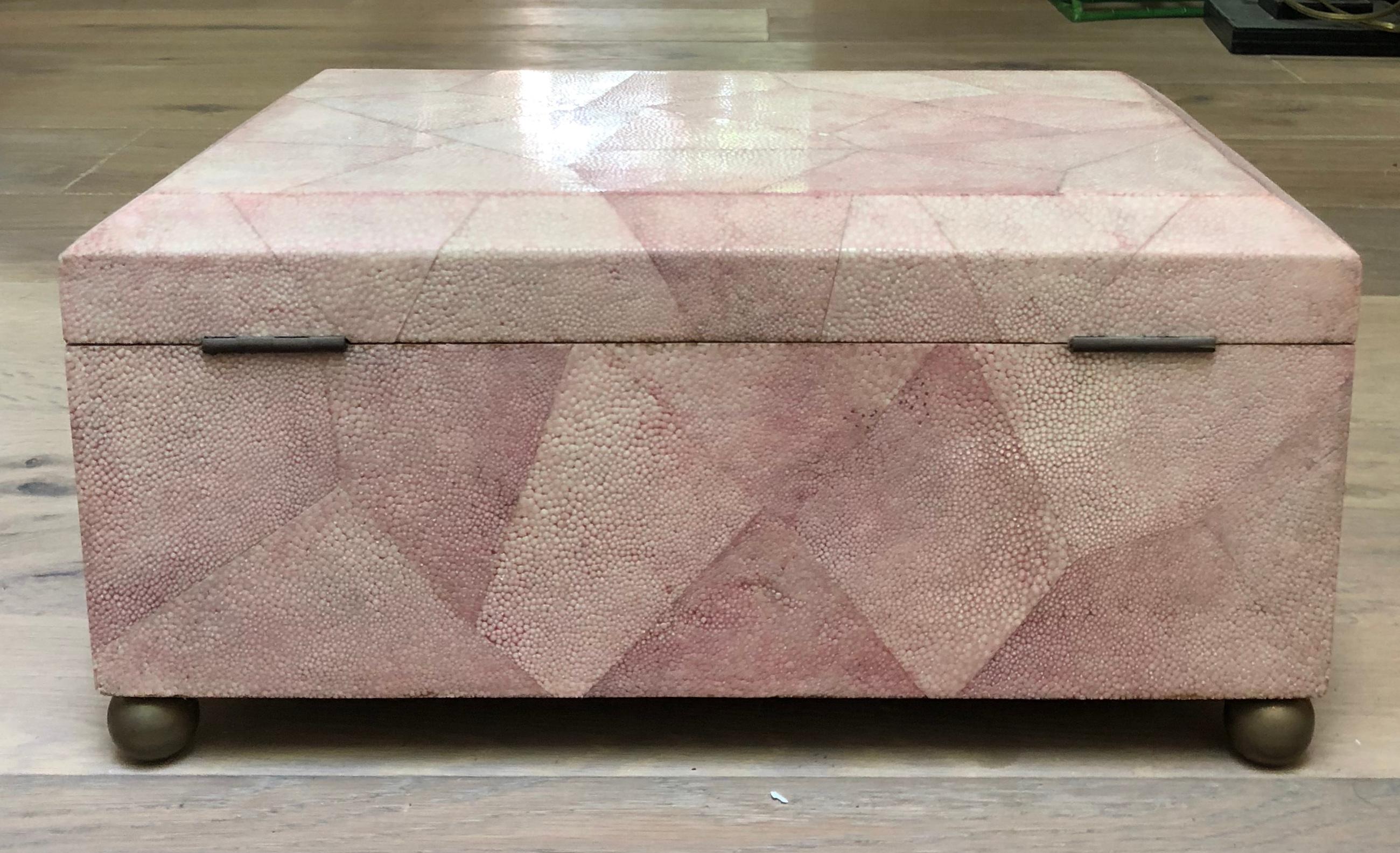 Unique Pink Shagreen, Velvet Lined Box on Brass Ball Feet 1