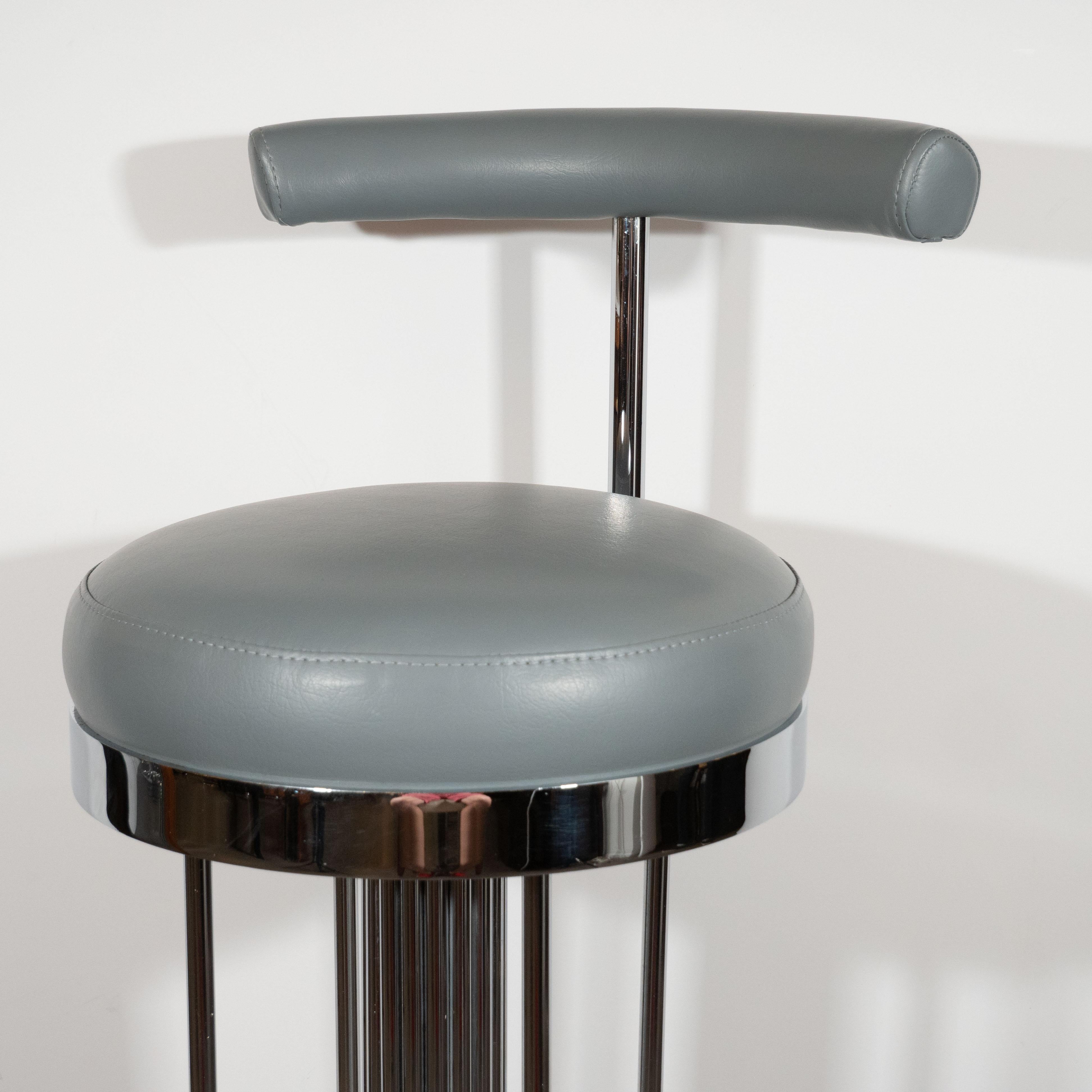 Late 20th Century Set of Three Mid-Century Modern Chrome and Dove Gray Swivel Bar Stools