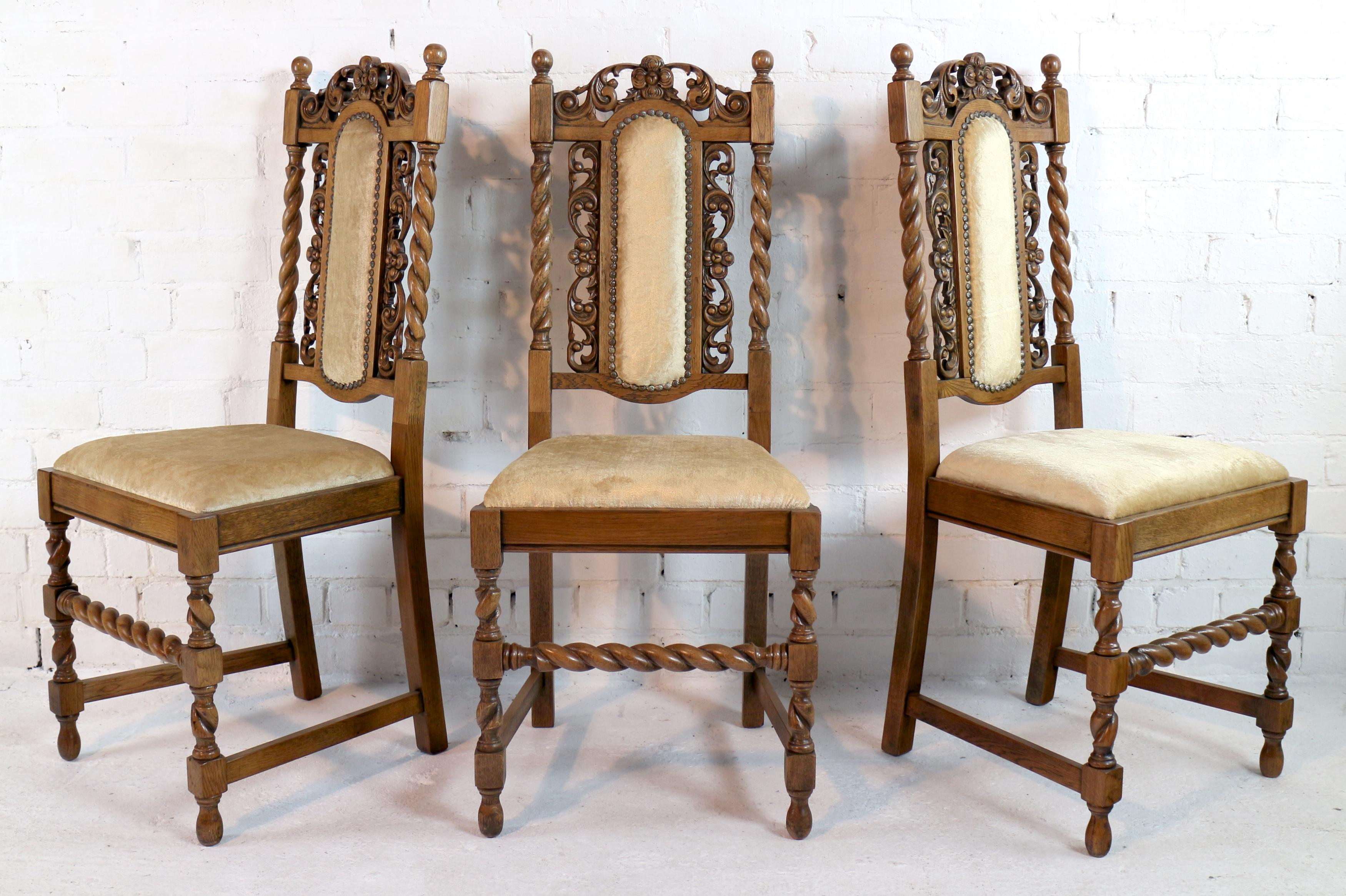 English Set of 12 Antique Jacobean Revival Carved Oak Barley-Twist Dining Chairs