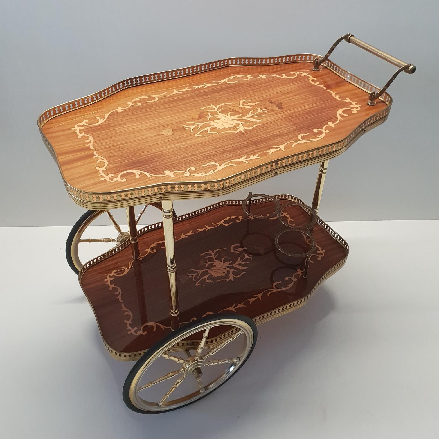 Italian Brass Trolley Bar Cart with Wooden Inlay, 1950s 1