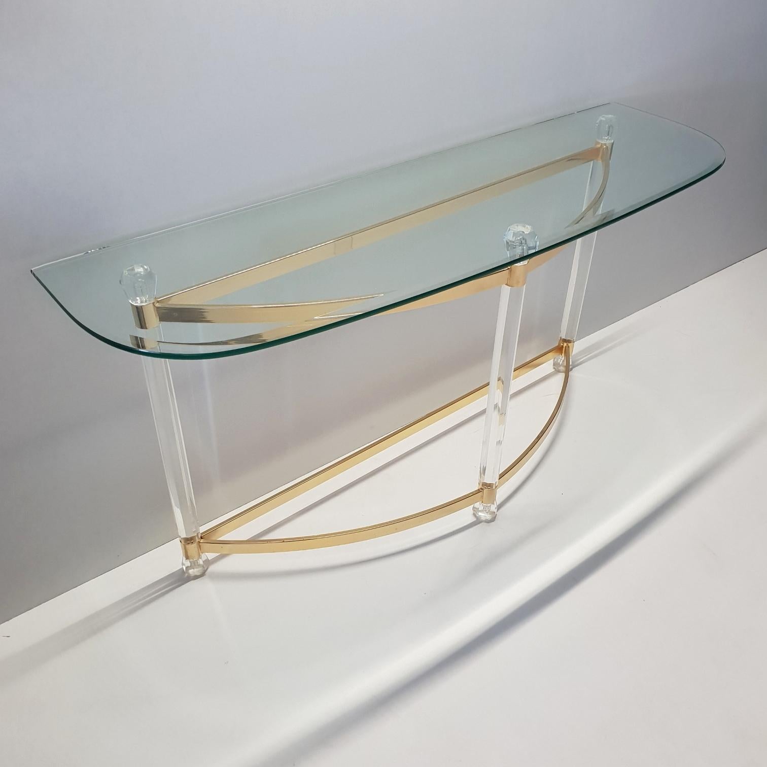 20th Century French Brass and Lucite Console Table with Facet Glass Top, 1970s