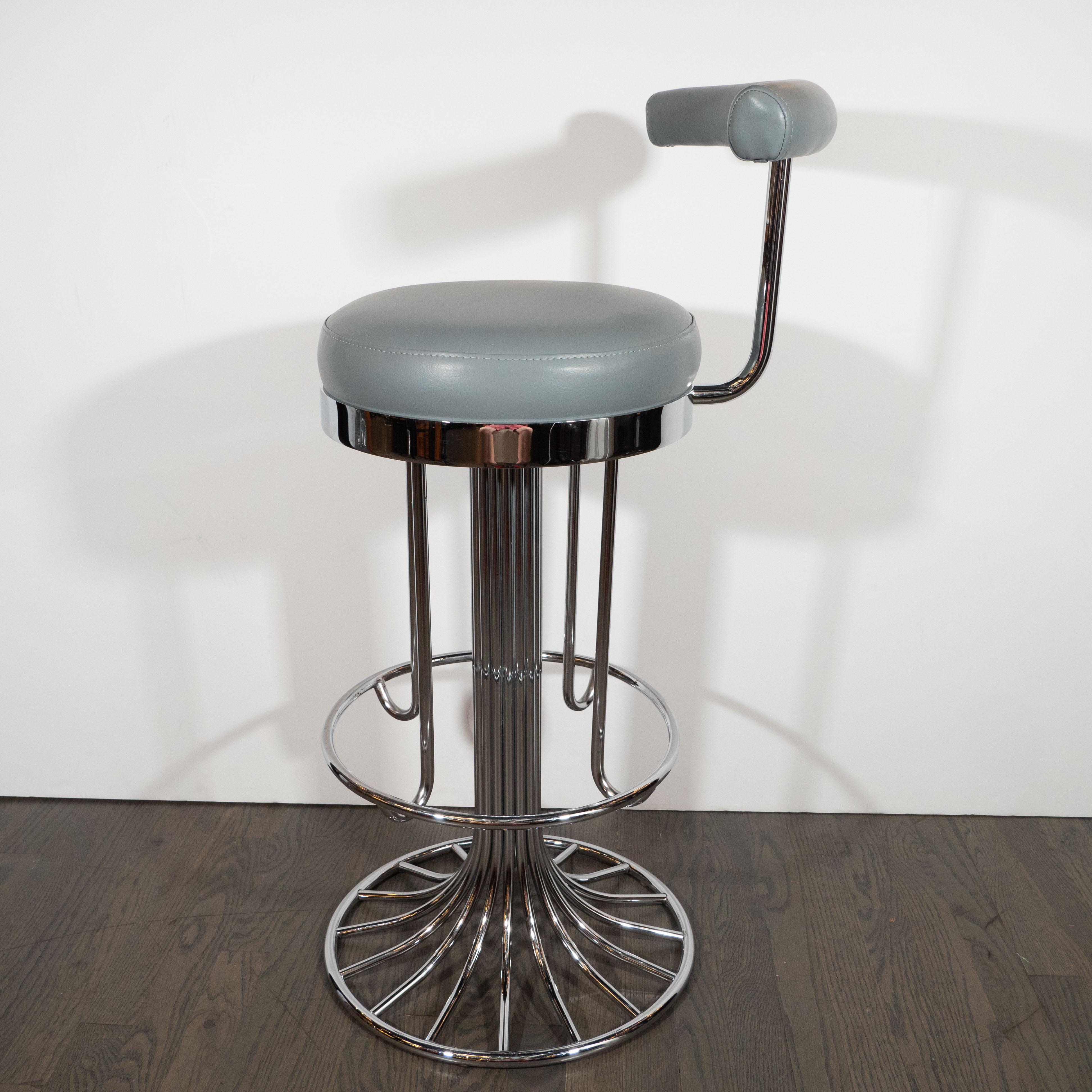 Set of Three Mid-Century Modern Chrome and Dove Gray Swivel Bar Stools 1