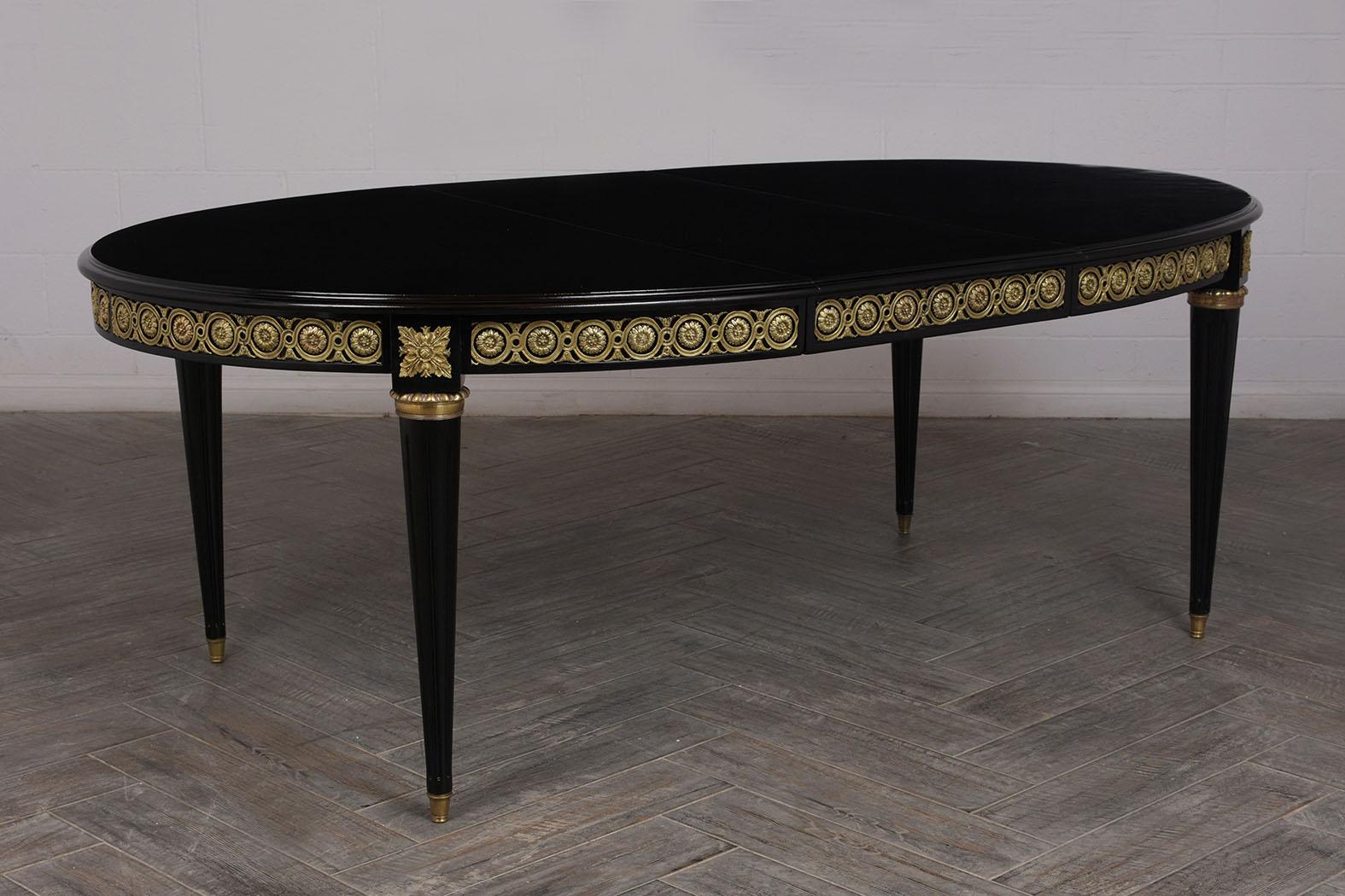 Brass Extension French Ebonized Louis XVI Style Oval Dining Room Table