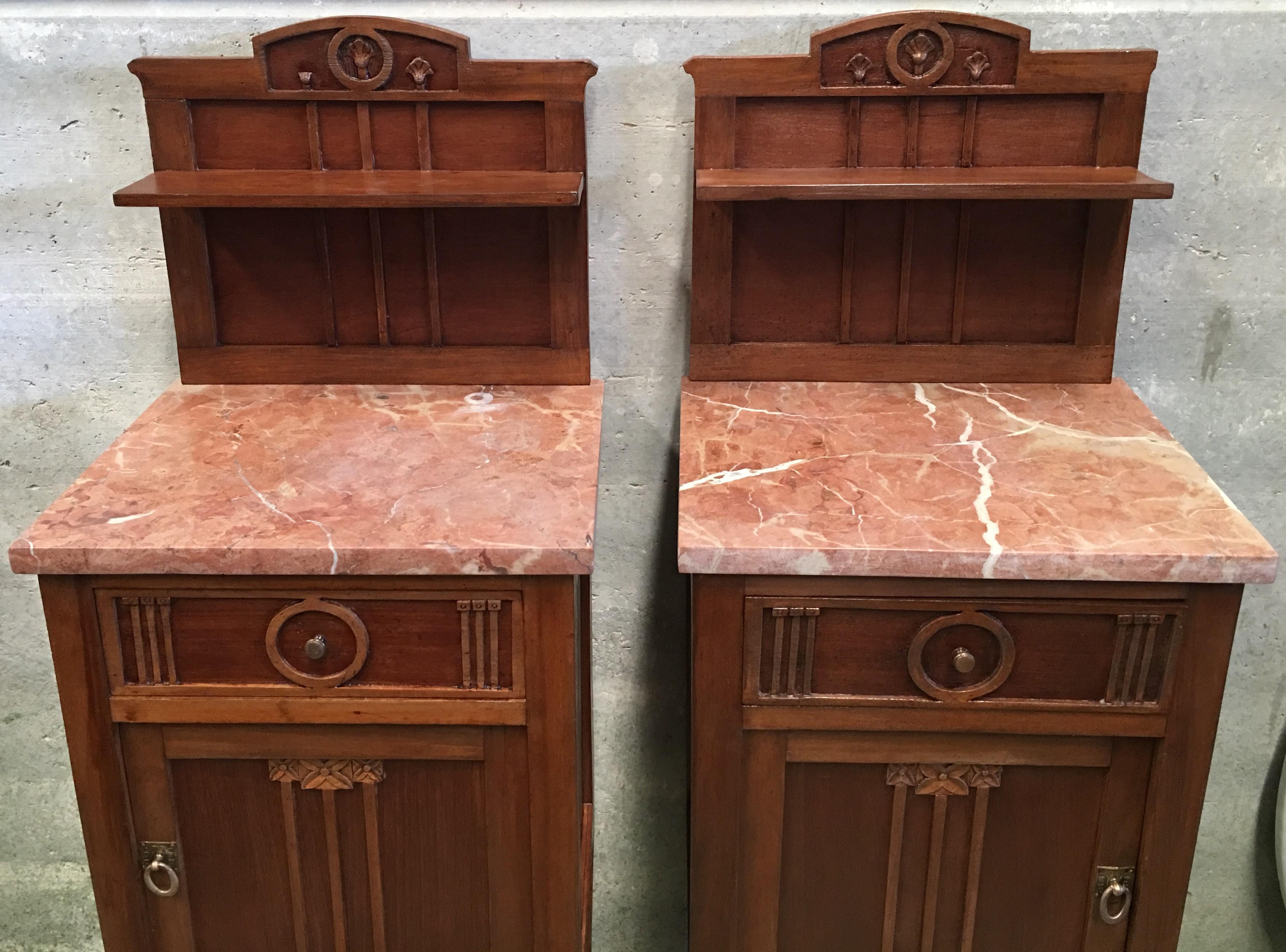 1900s, Art Nouveau Pair of Nightstands in Mahogany Top in Marble 1