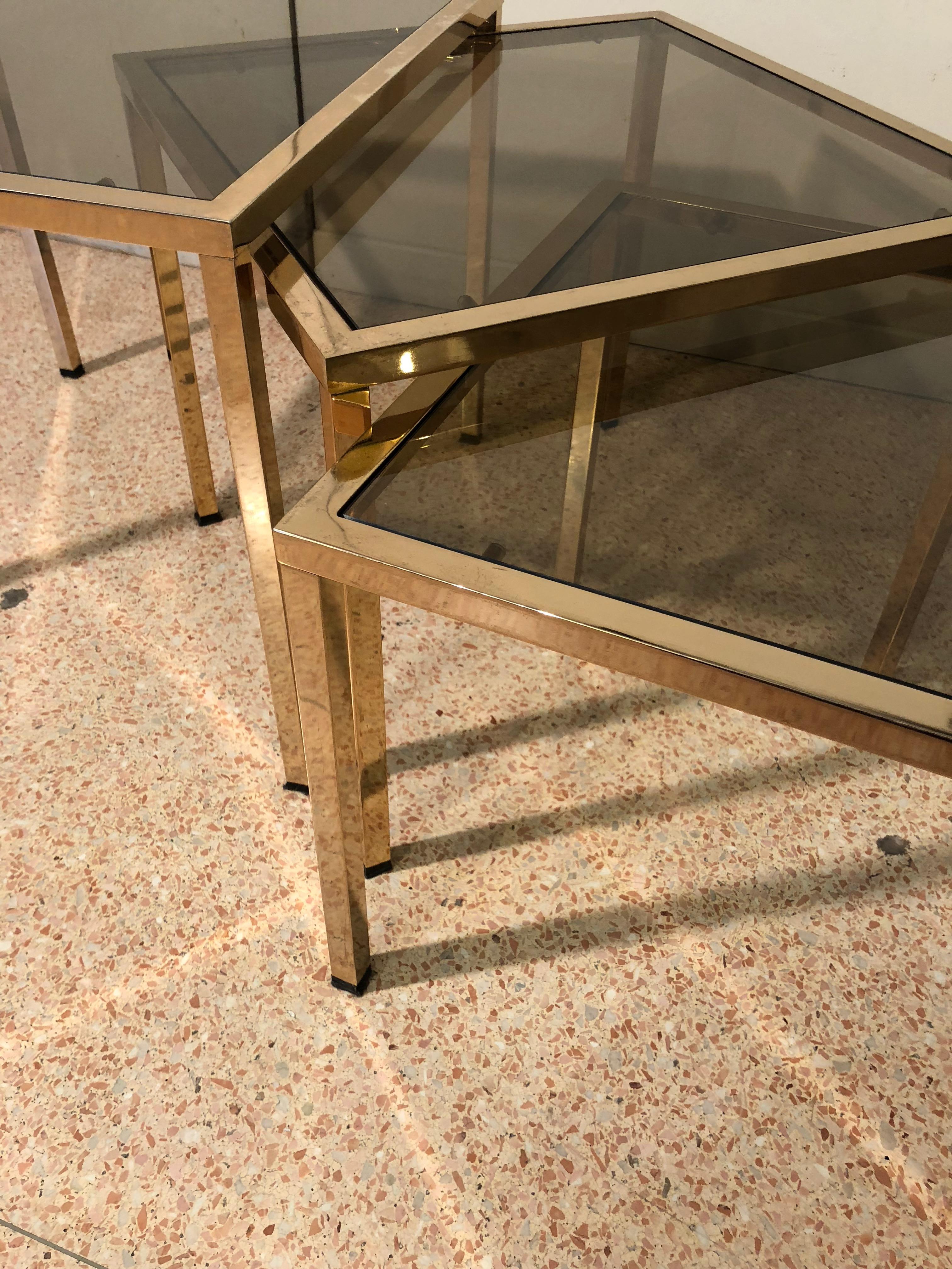 Set of Three Small Gold Brass Structure and Smoked Glass Tables, France, 1970 2