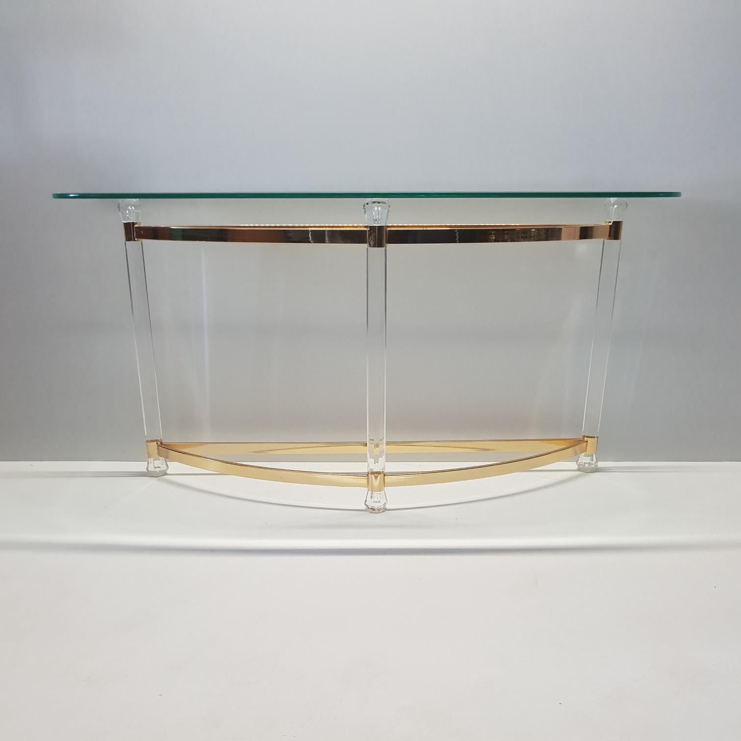 French Brass and Lucite Console Table with Facet Glass Top, 1970s 1