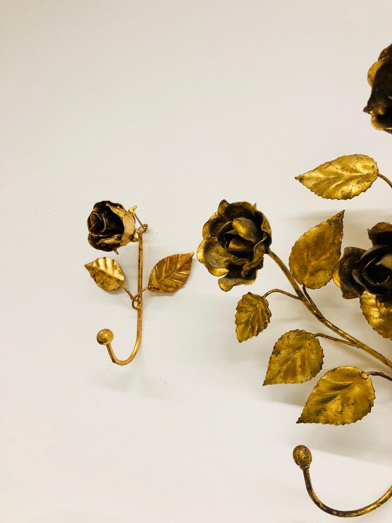 Italian Florentine Gold Gilt Metal Rose Coat Hook Set Toleware Tole