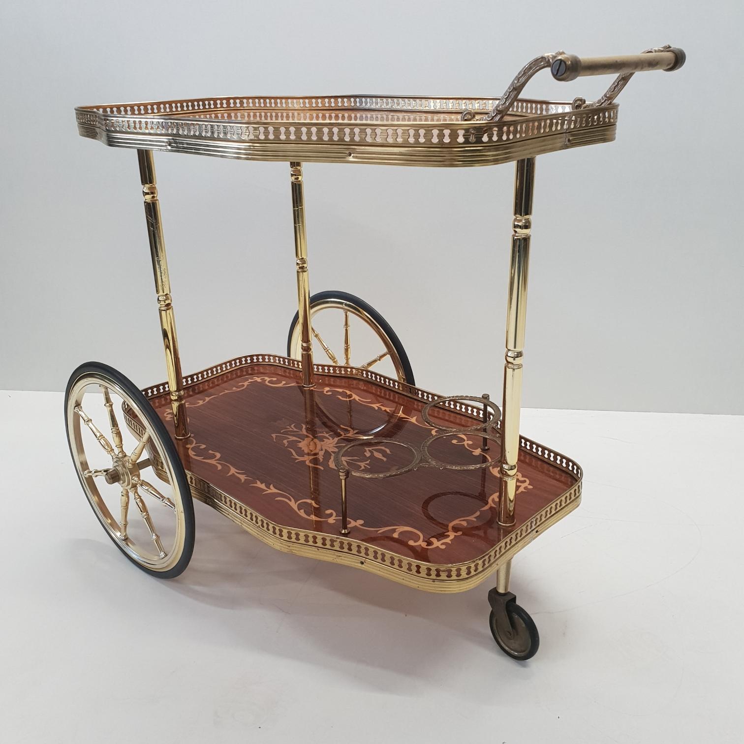 Italian Brass Trolley Bar Cart with Wooden Inlay, 1950s 3