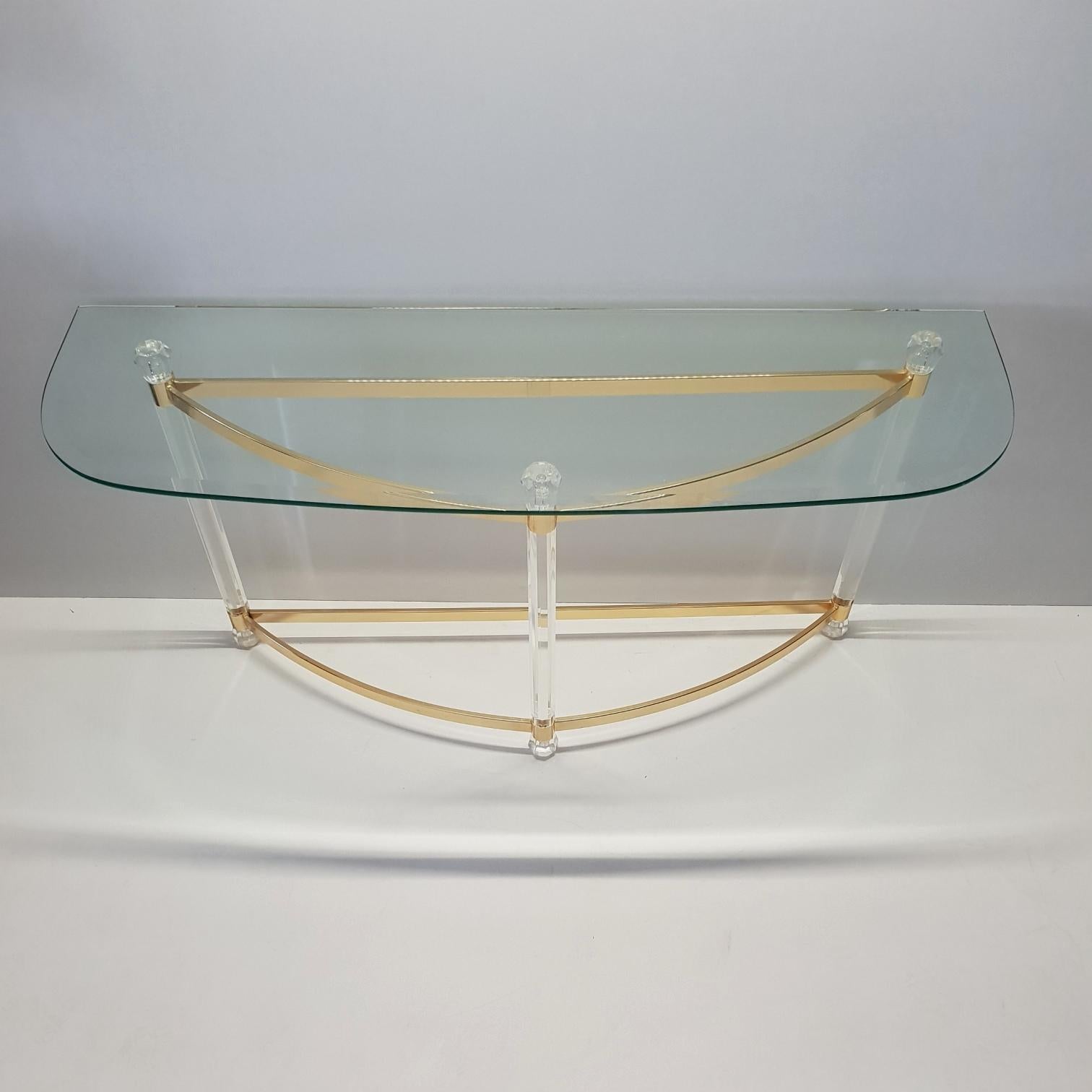 French Brass and Lucite Console Table with Facet Glass Top, 1970s 2