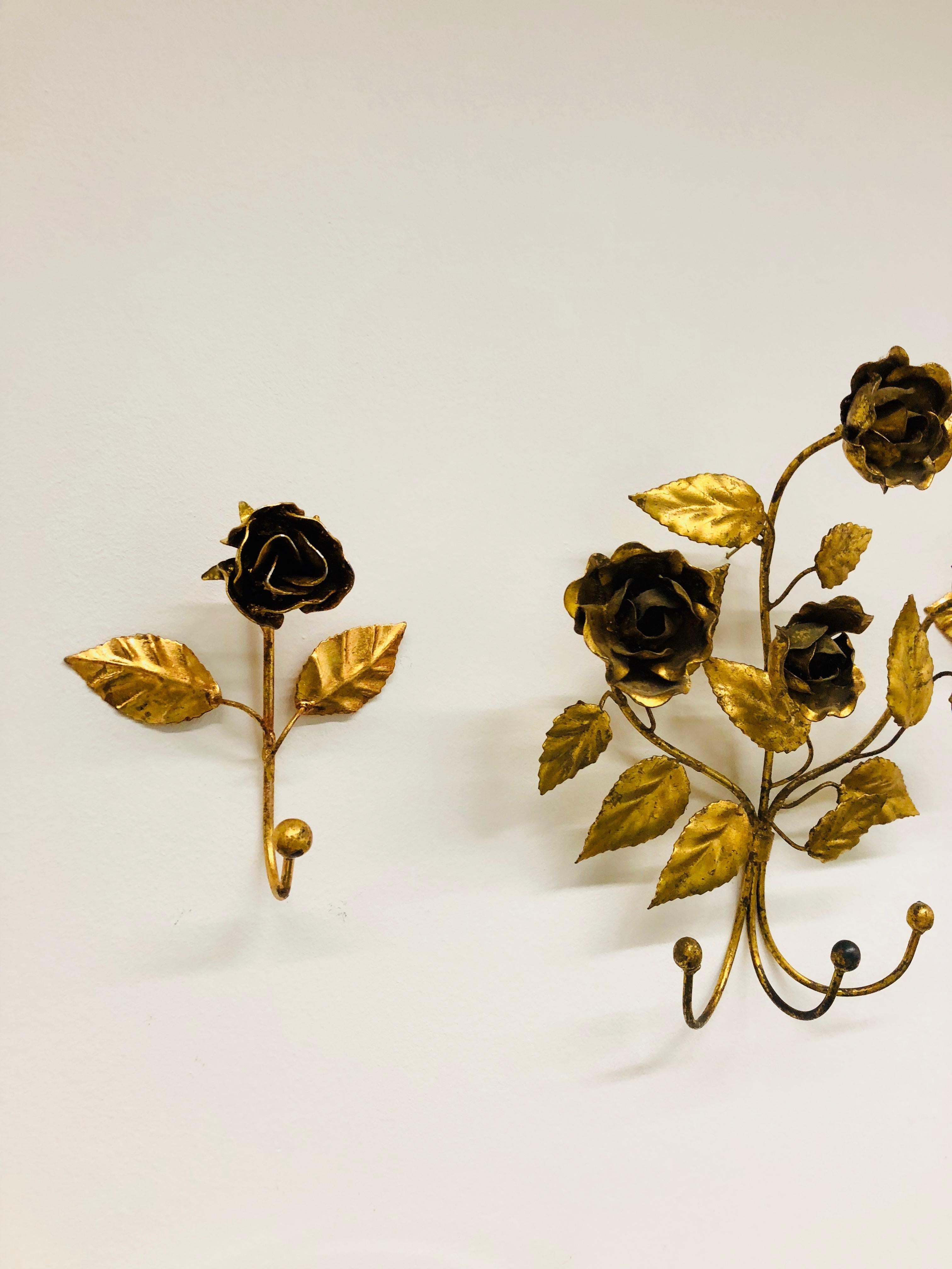 Italian Florentine Gold Gilt Metal Rose Coat Hook Set Toleware Tole, 1950s 2