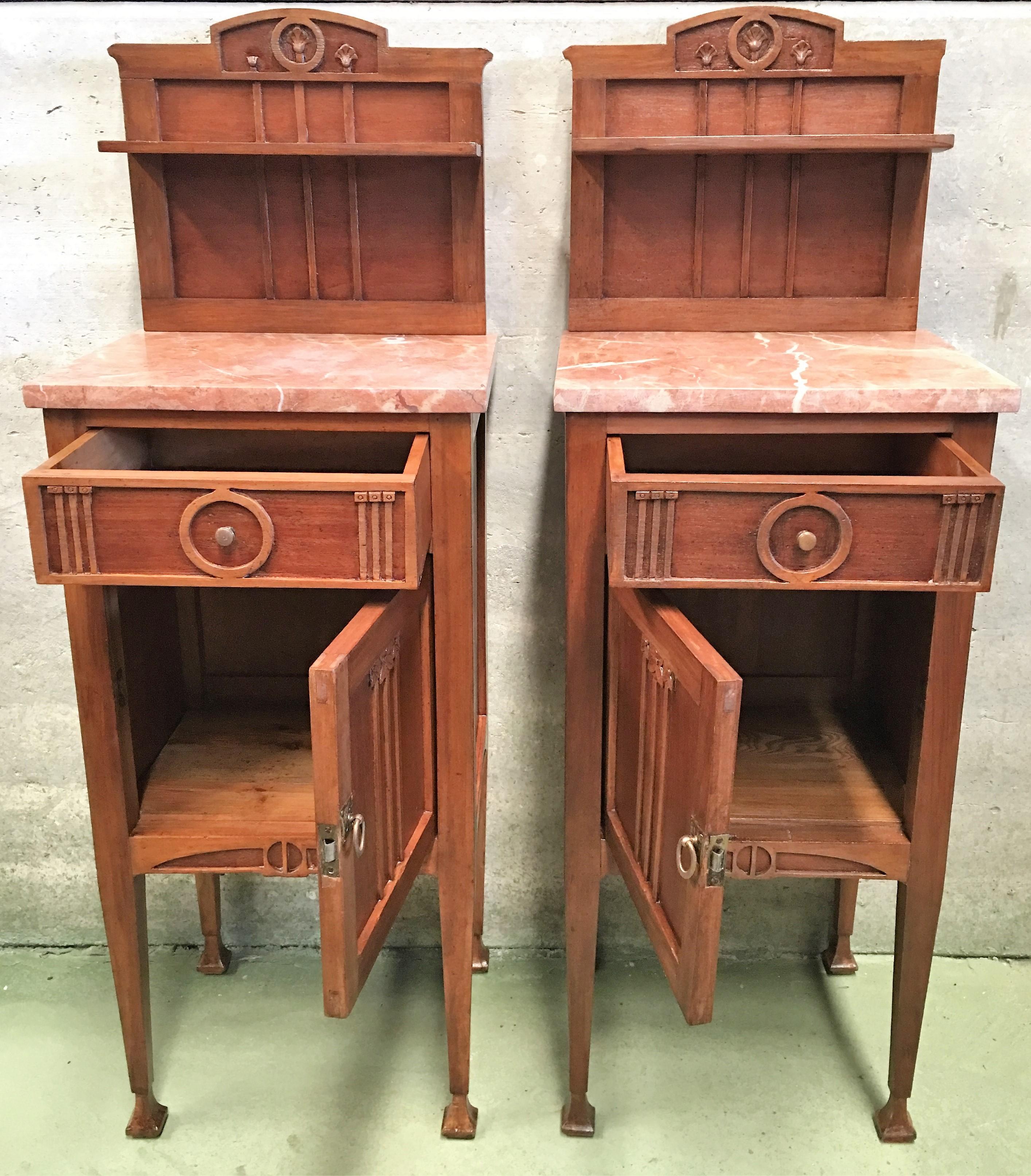 1900s, Art Nouveau Pair of Nightstands in Mahogany Top in Marble 2