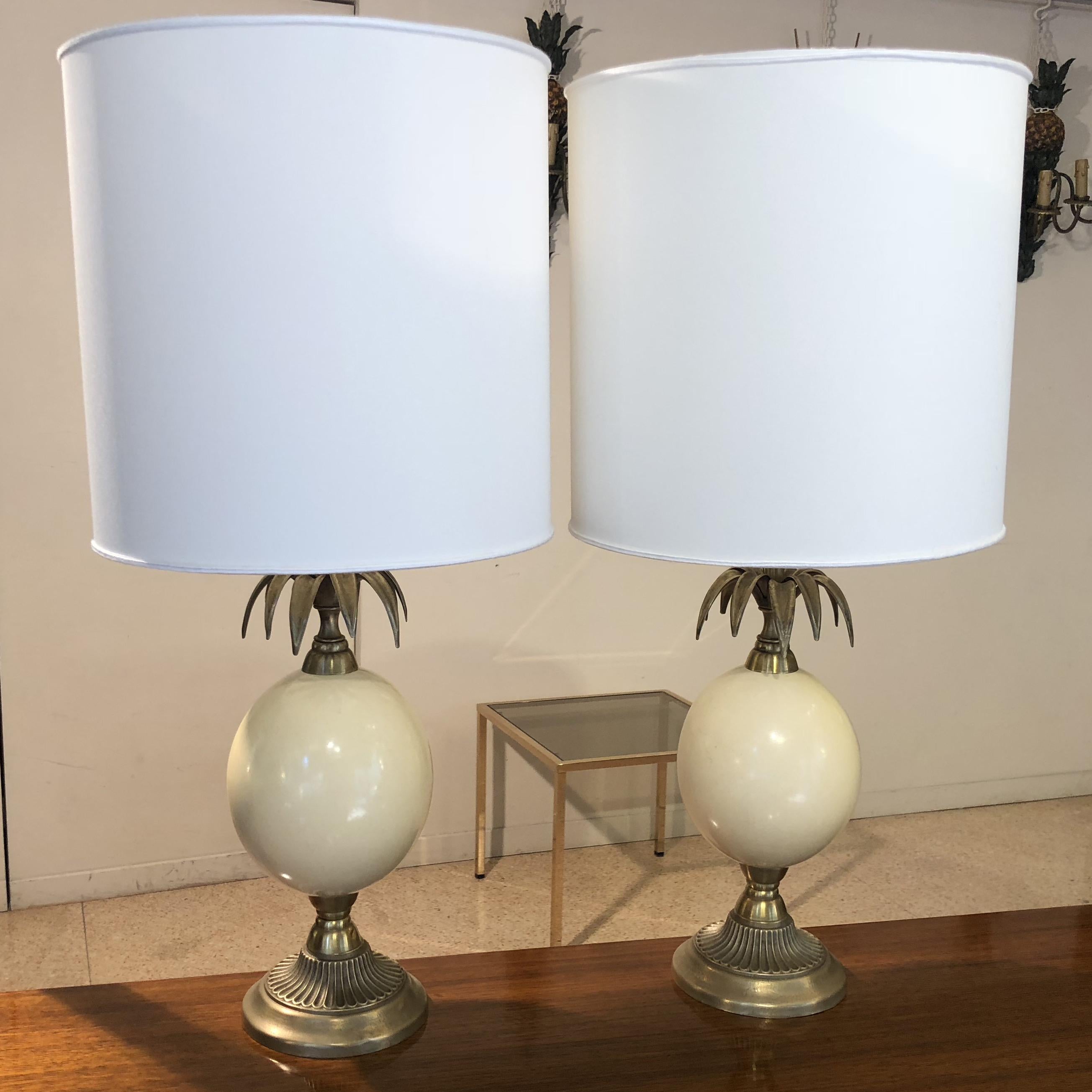 Cream and gold Brass Pineapple Shape Table Lamps, 1960s, France 4
