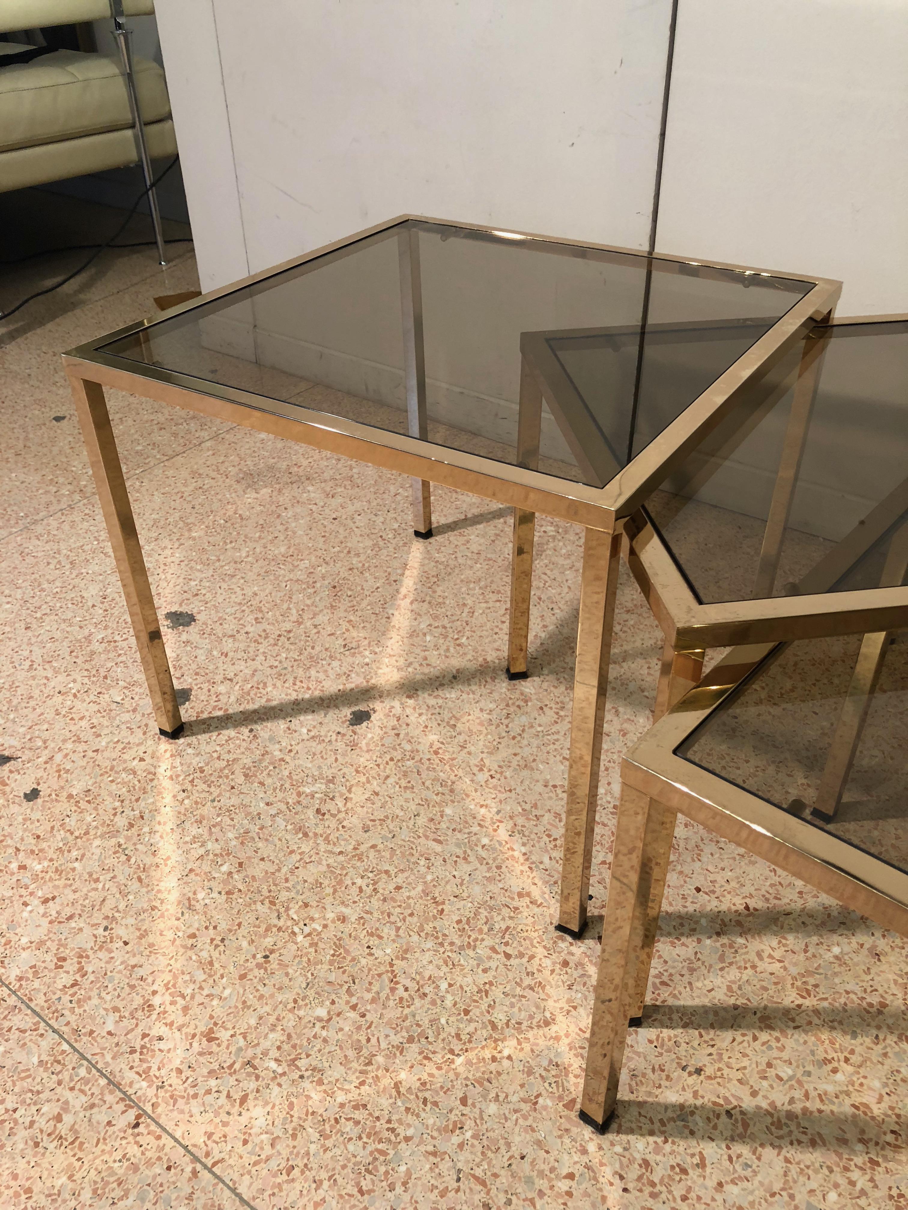 Set of Three Small Gold Brass Structure and Smoked Glass Tables, France, 1970 4