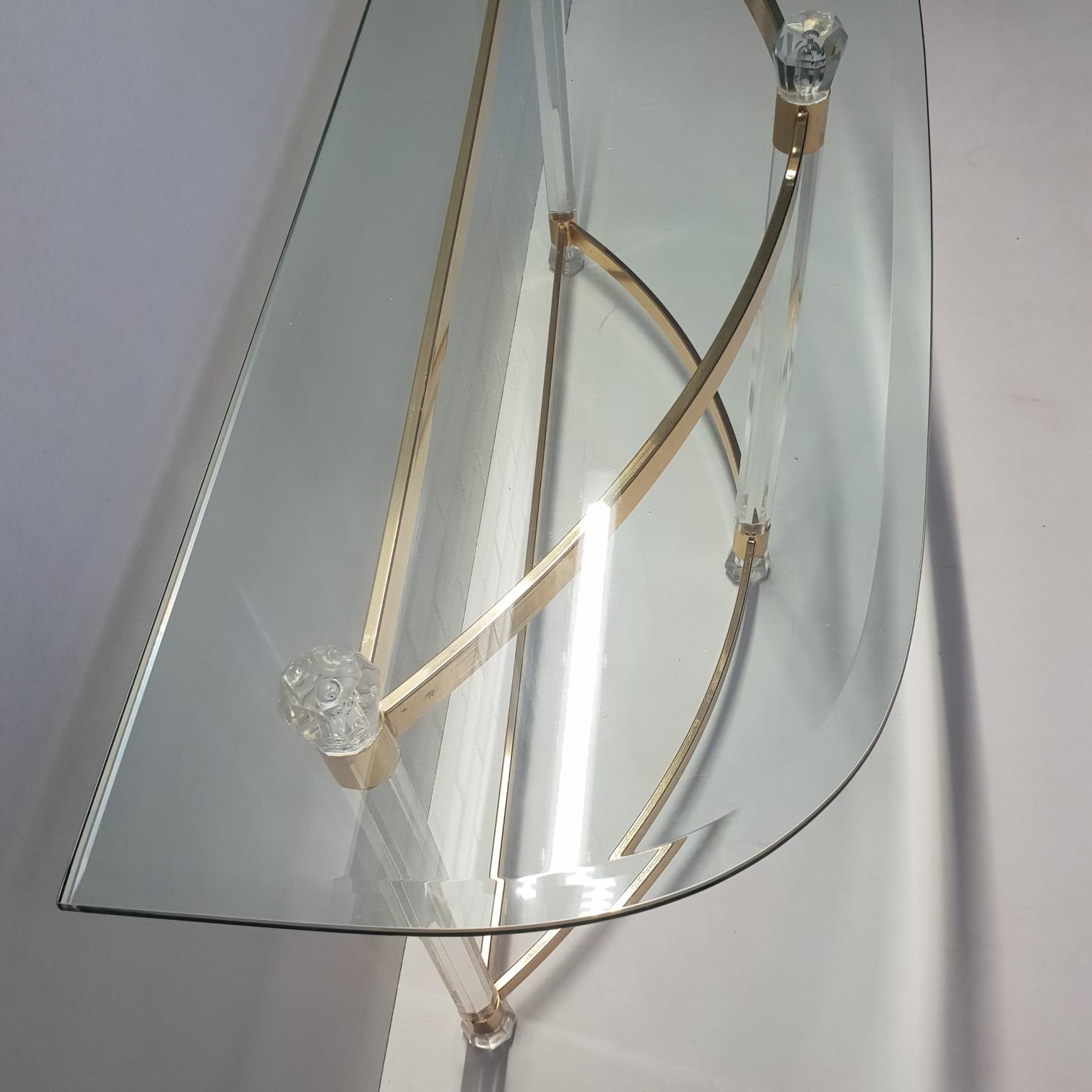 French Brass and Lucite Console Table with Facet Glass Top, 1970s 3