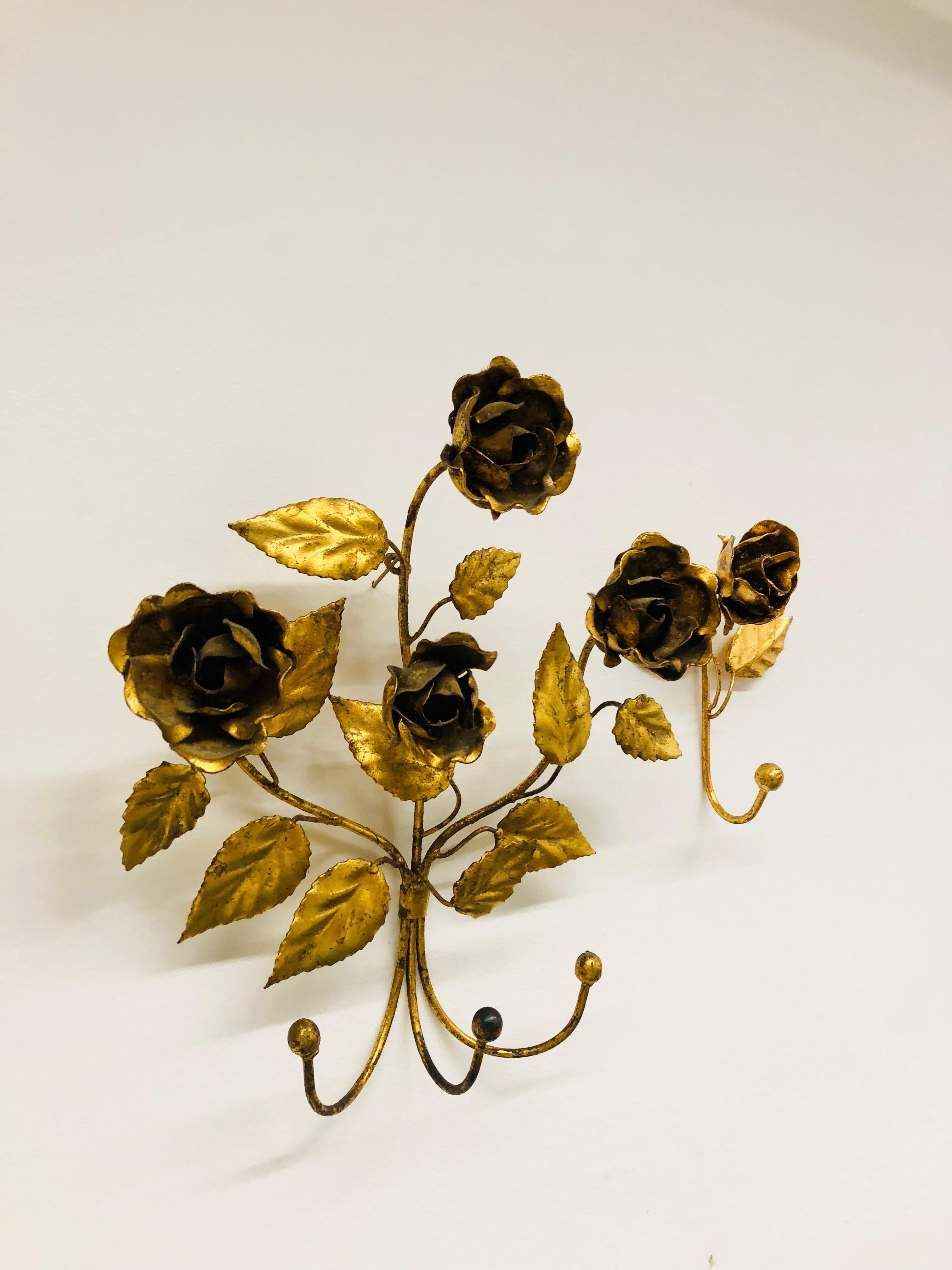 Italian Florentine Gold Gilt Metal Rose Coat Hook Set Toleware Tole, 1950s 3