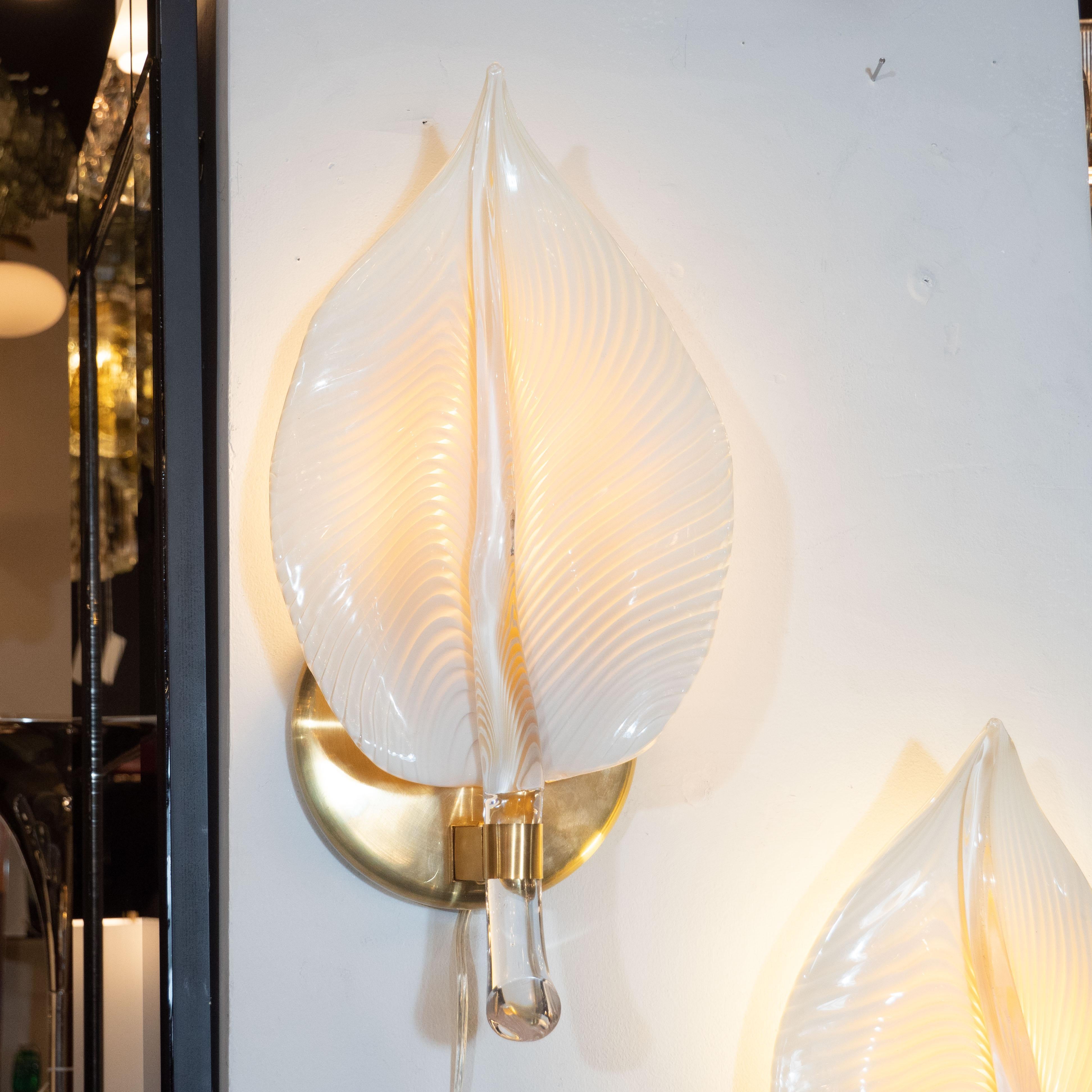 Pair of Handblown Murano Honeycomb Leaf Sconces with Brass Detailing 3