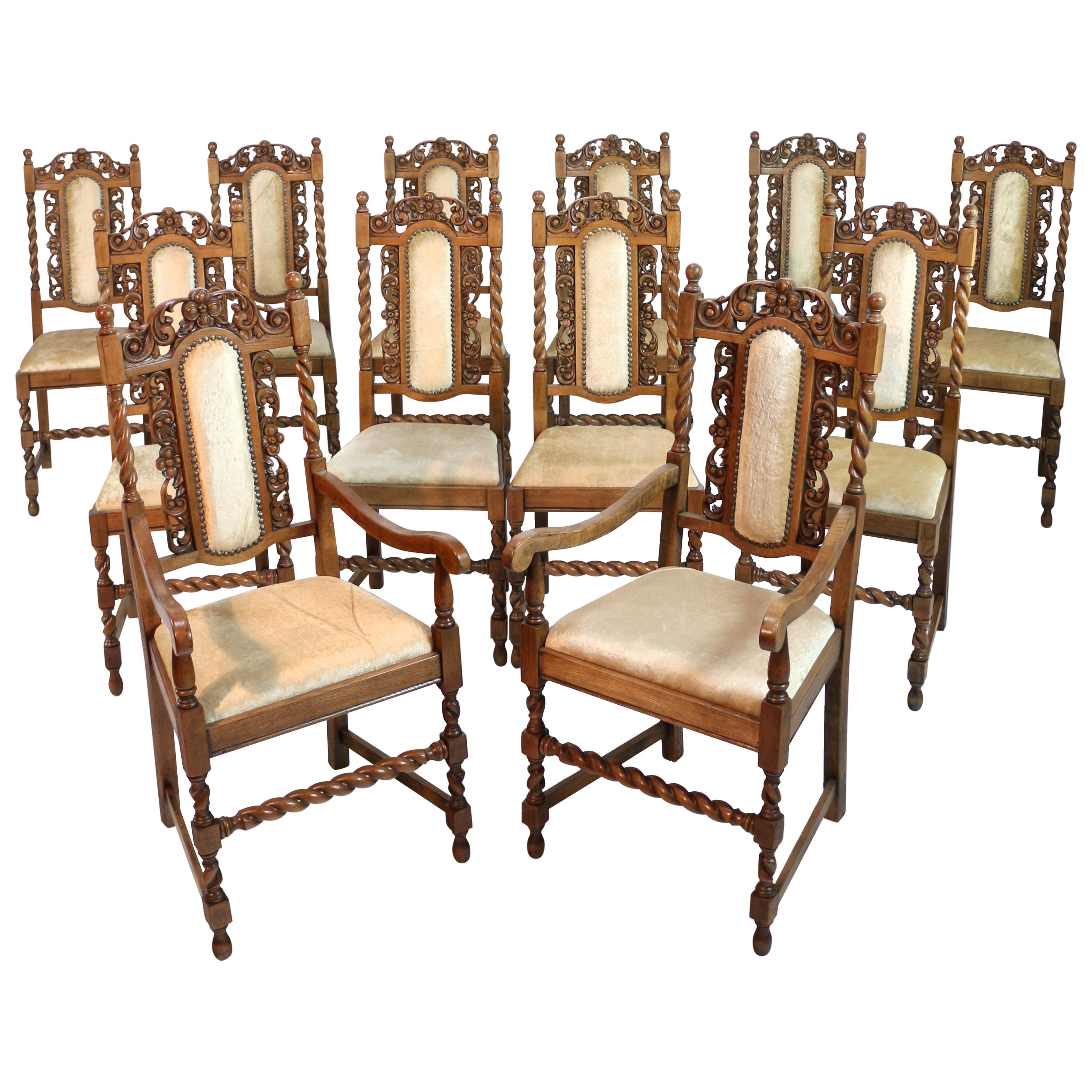 Set of 12 Antique Jacobean Revival Carved Oak Barley-Twist Dining Chairs