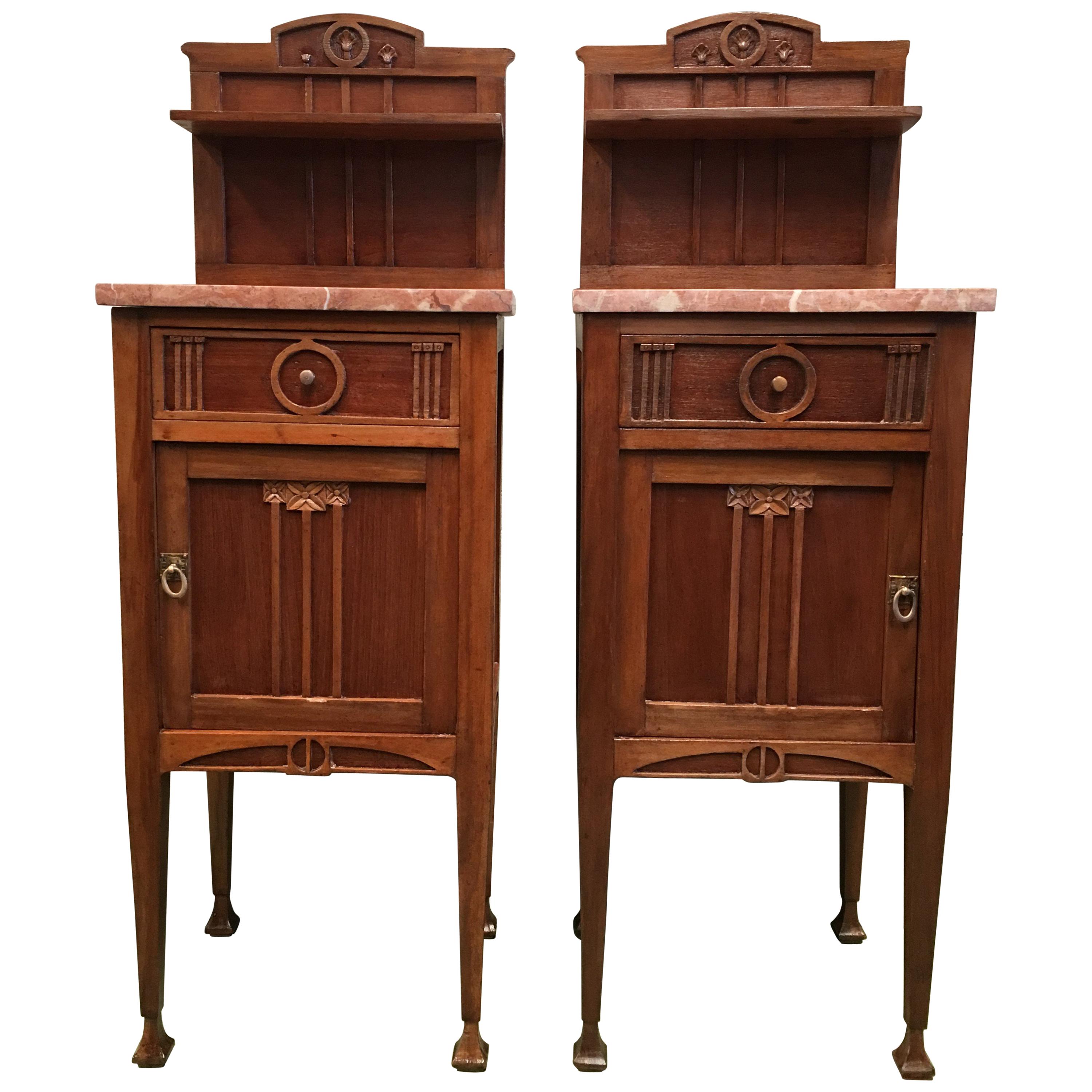 1900s, Art Nouveau Pair of Nightstands in Mahogany Top in Marble