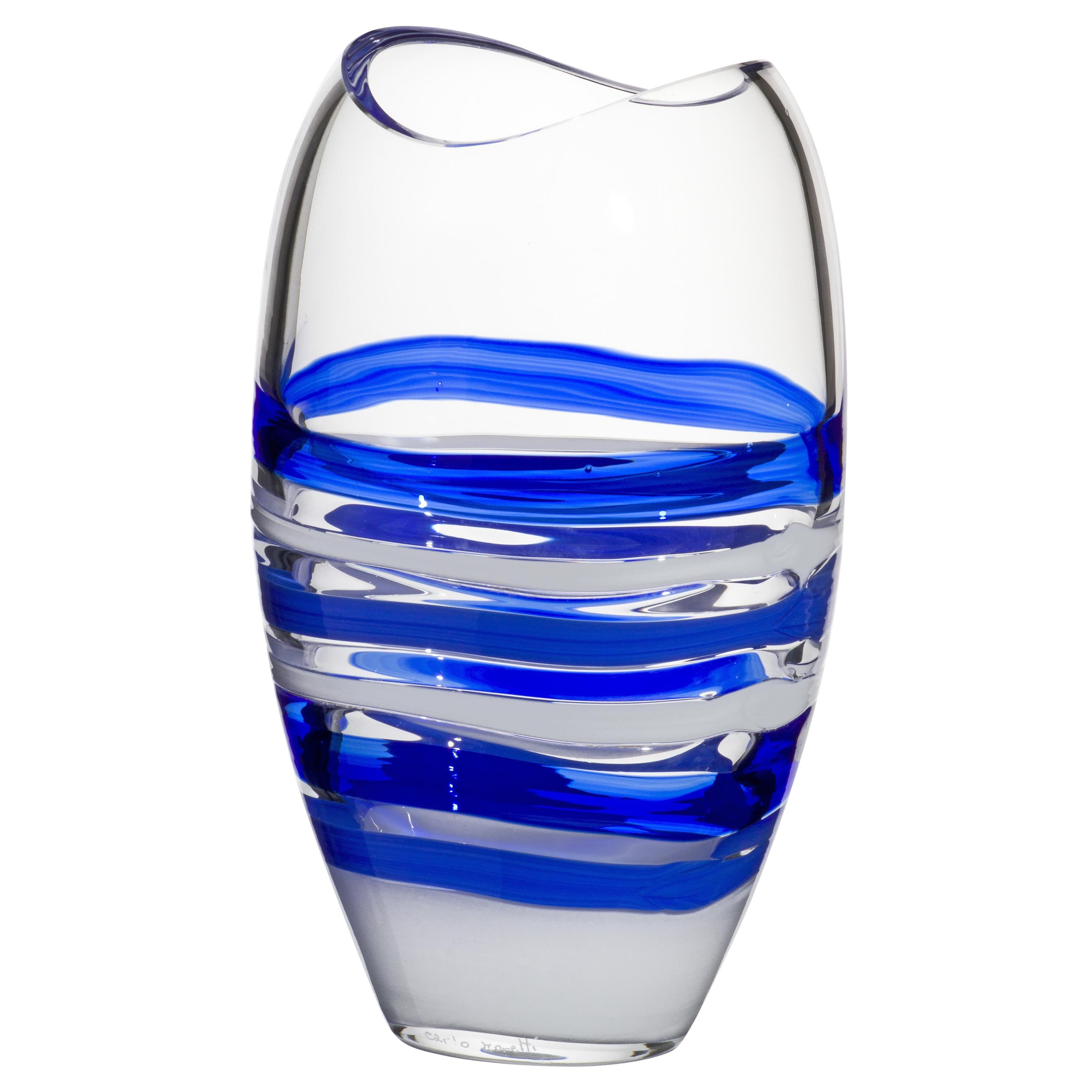 Small Ellisse Vase in Blue and White by Carlo Moretti For Sale
