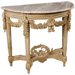 20th Century White Painted Wood French Louis XVI Style Console with Marble Top