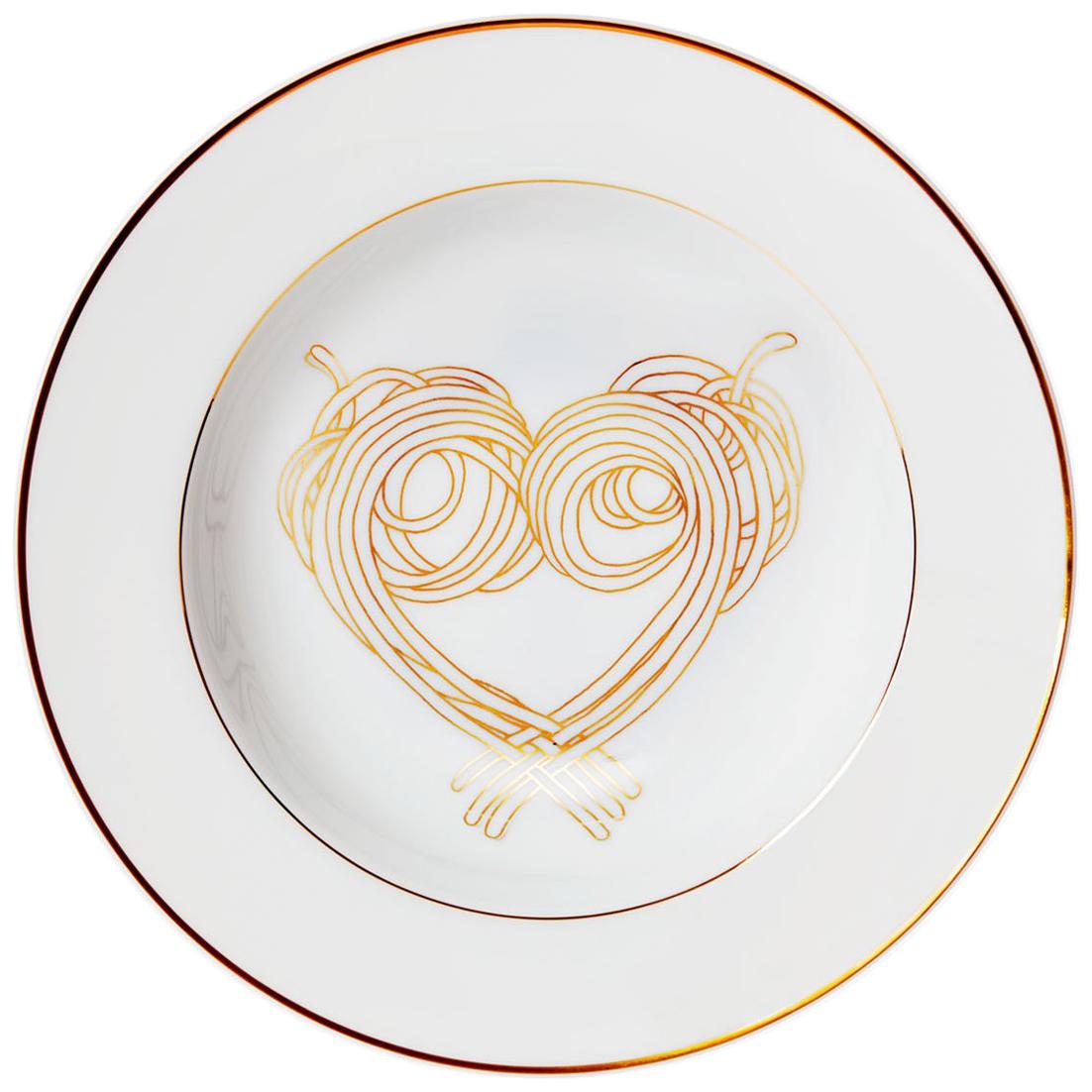 Dinner Pasta Porcelain Plate with gold Collection "Le Coeur De La Mamma" For Sale