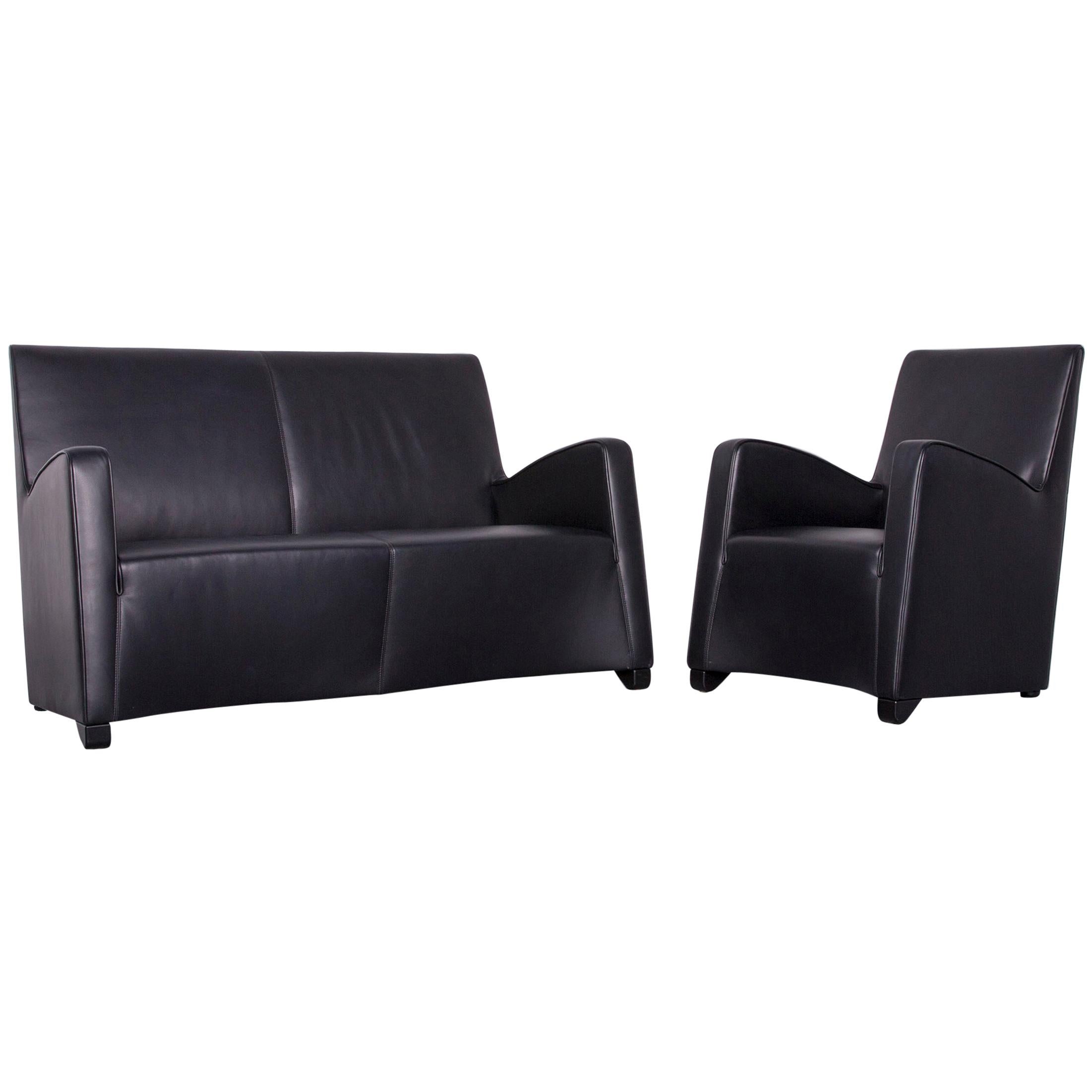 Wittmann Duke Designer Leather Sofa Armchair Set Black Two-Seat Couch