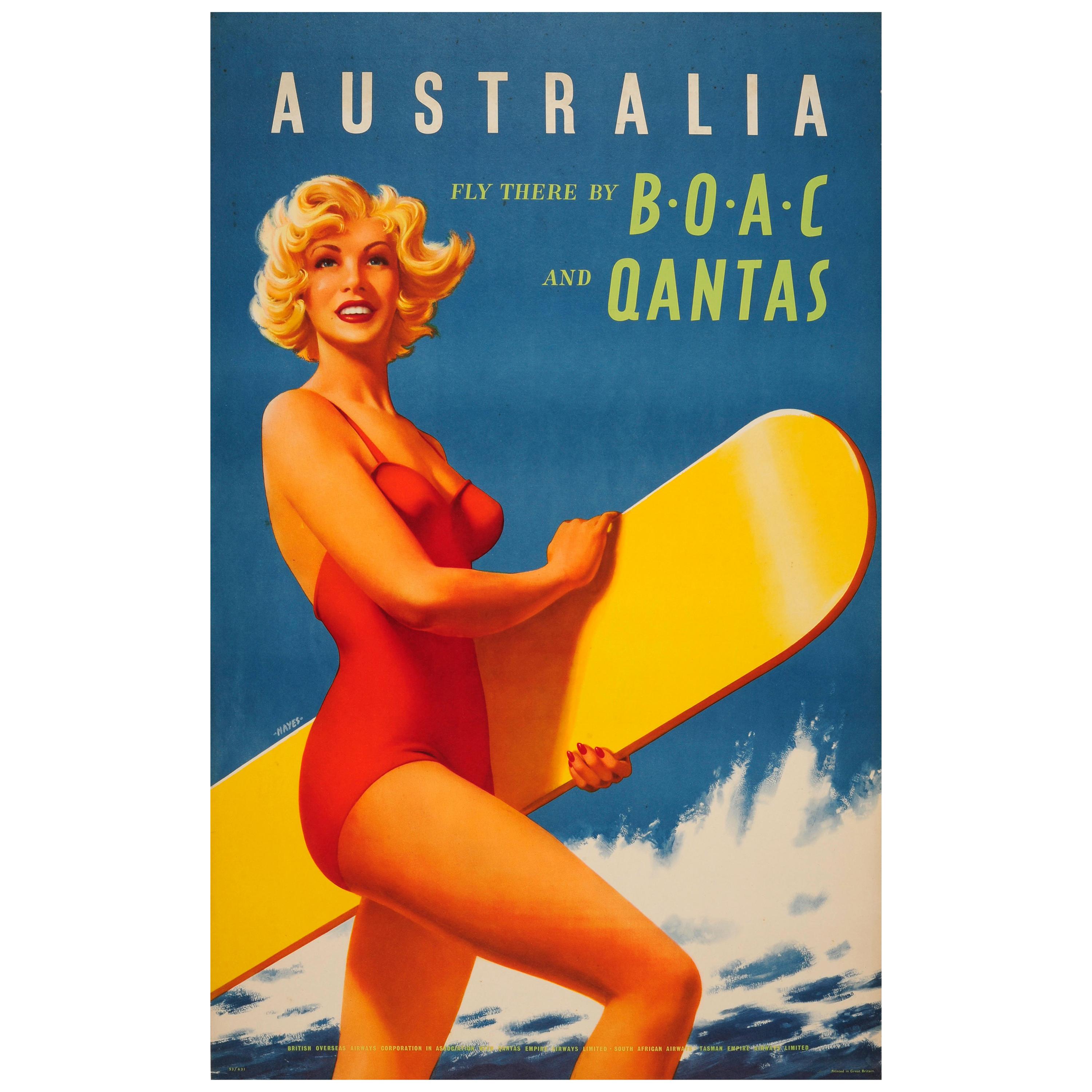 Original Vintage Australia Fly There by BOAC & Qantas Travel Poster Ft. Surfer