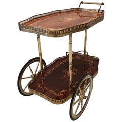 Italian Brass Trolley Bar Cart with Wooden Inlay, 1950s