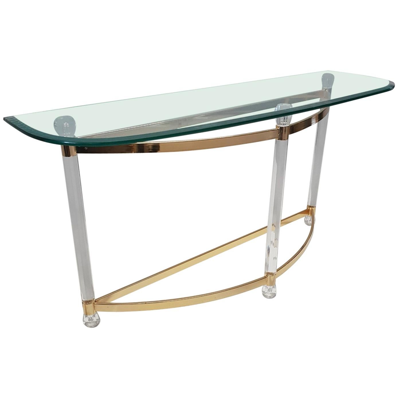 French Brass and Lucite Console Table with Facet Glass Top, 1970s