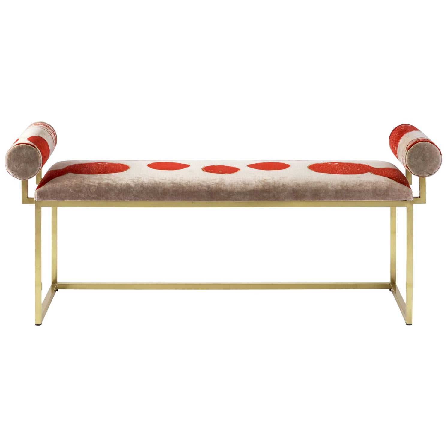 Awaiting H Bench Printed Velvet and Brass For Sale