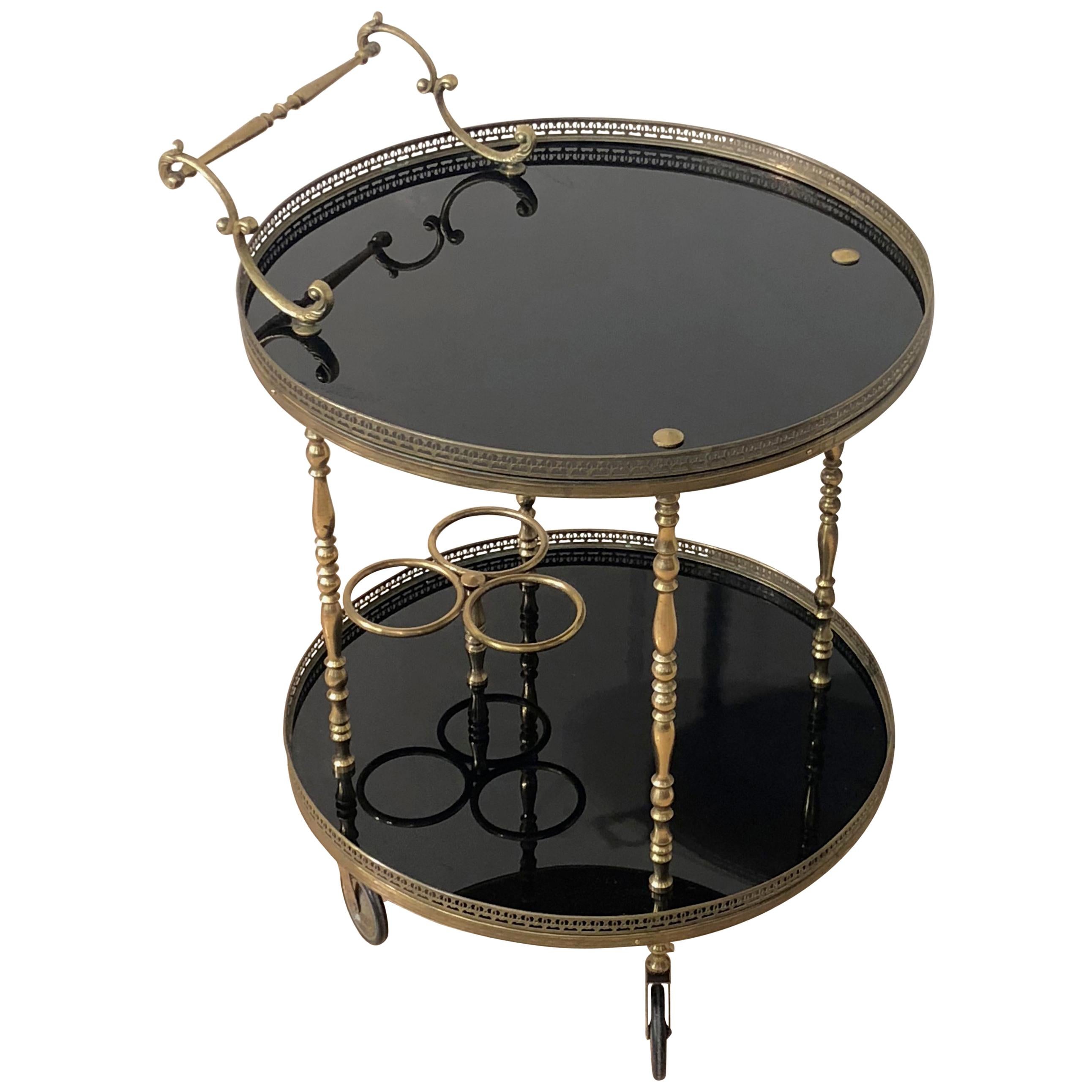 Art Deco Brass and Shiny Black Lacquer Rounded Bottle Holder Tray, France, 1940s