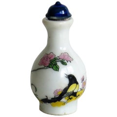 Antique Chinese Porcelain Snuff Bottle, Hand-Painted Birds and Flowers, circa 1930