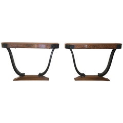 Art Deco Pair of Walnut Wood and Ebonized Black Details Table Consoles, 1930