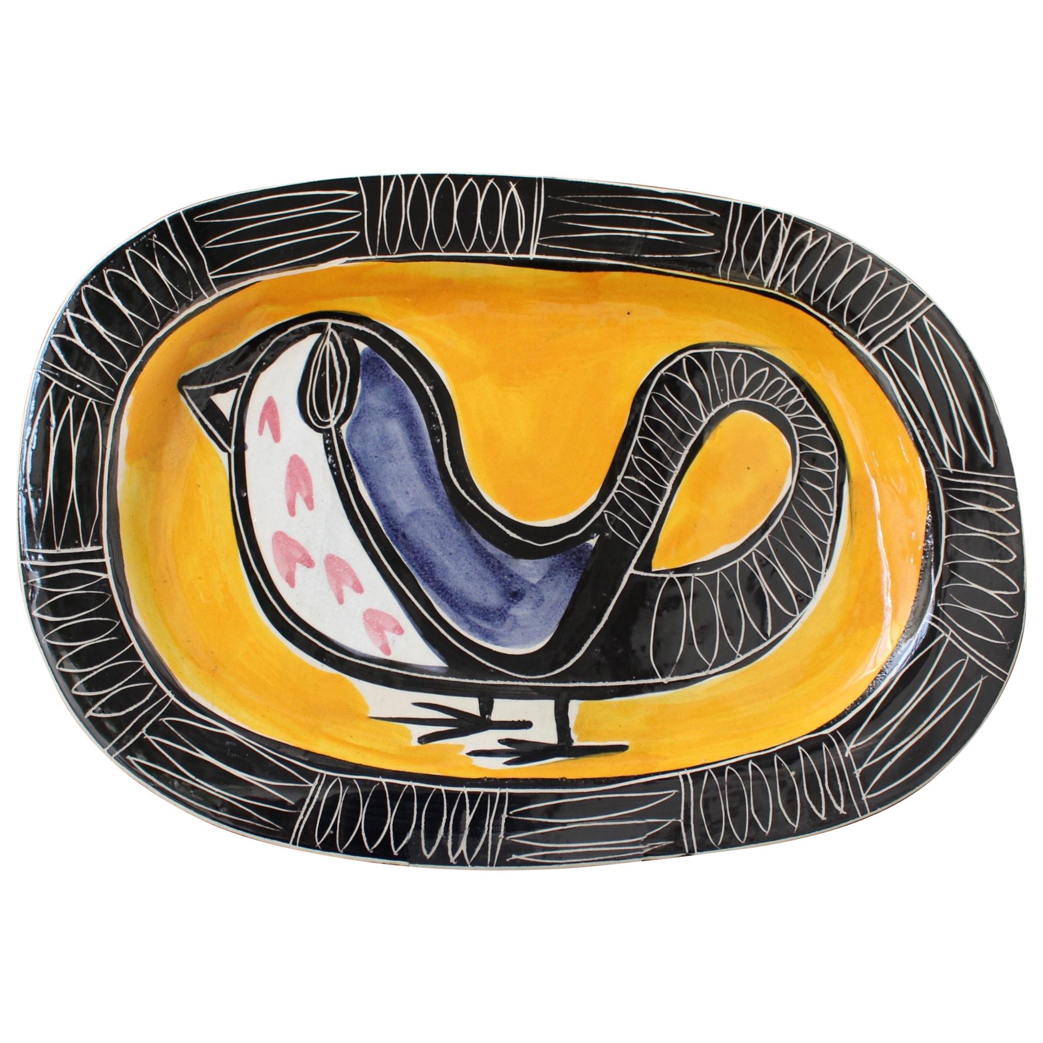 Ceramic Decorative Platter with Bird Motif by Jacques Pouchain - Poët-Laval
