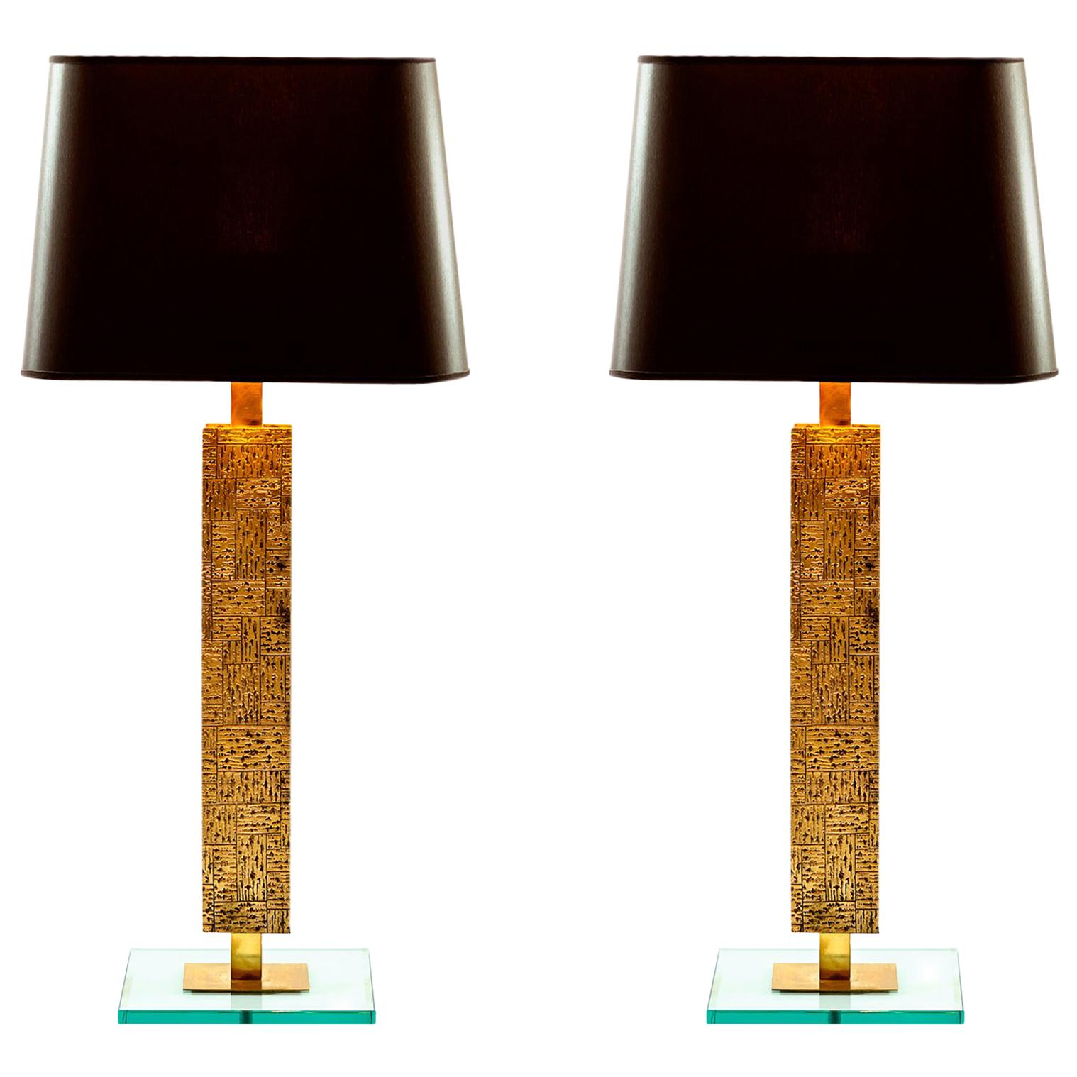 Pair of Contemporary Italian Table Lamps in Brass and Solid Glass 