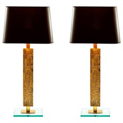 Pair of Contemporary Italian Table Lamps in Brass and Solid Glass 
