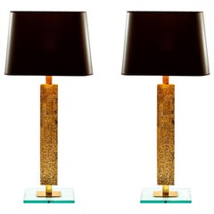 Pair of Contemporary Italian Table Lamps in Brass and Solid Glass