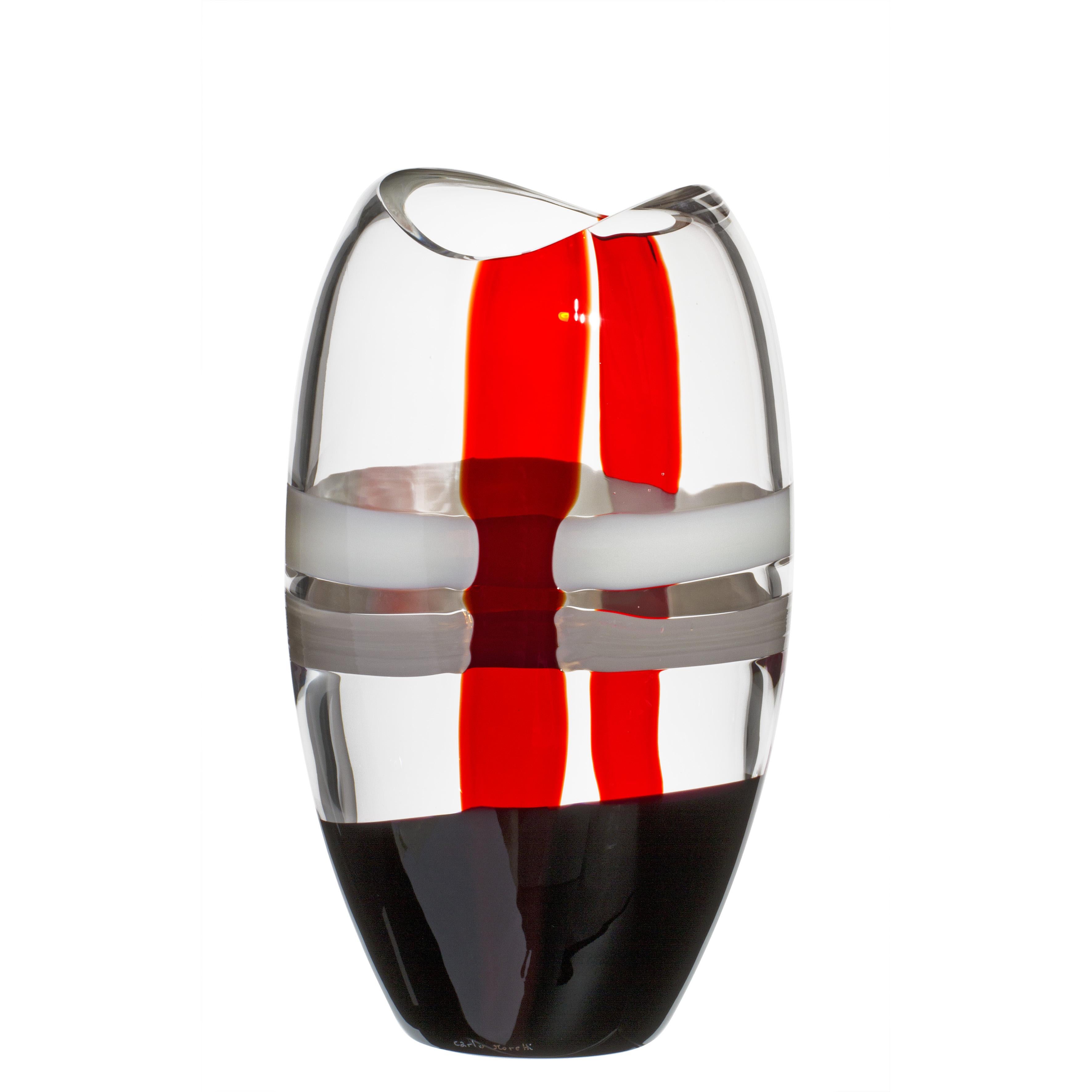 Small Ellisse Vase in Ivory, Red, and Black Streaks by Carlo Moretti