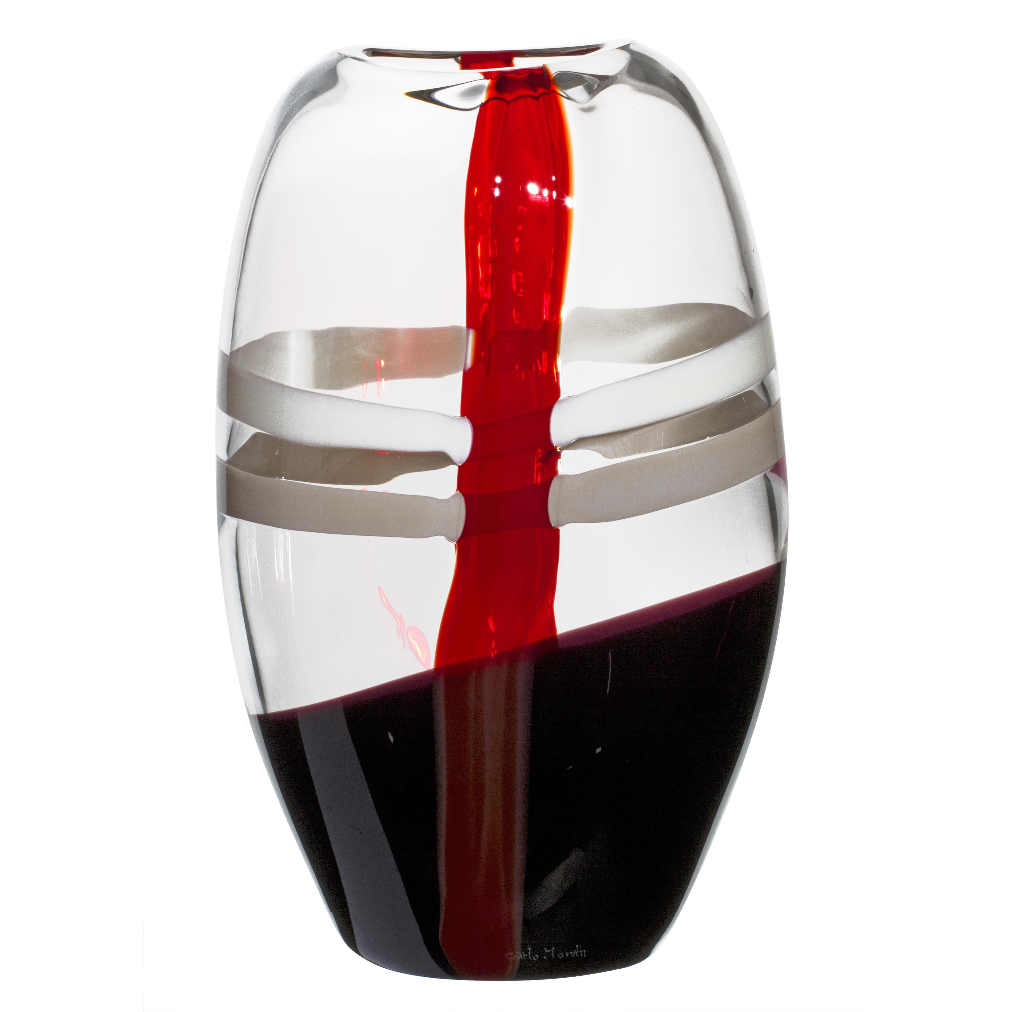 Große Ellisse-Vase aus elfenbeinfarbenen, roten und schwarzen Streifen von Carlo Moretti im Angebot