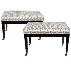 Pair of Vintage British Colonial Style Upholstered Faux Bamboo Benches