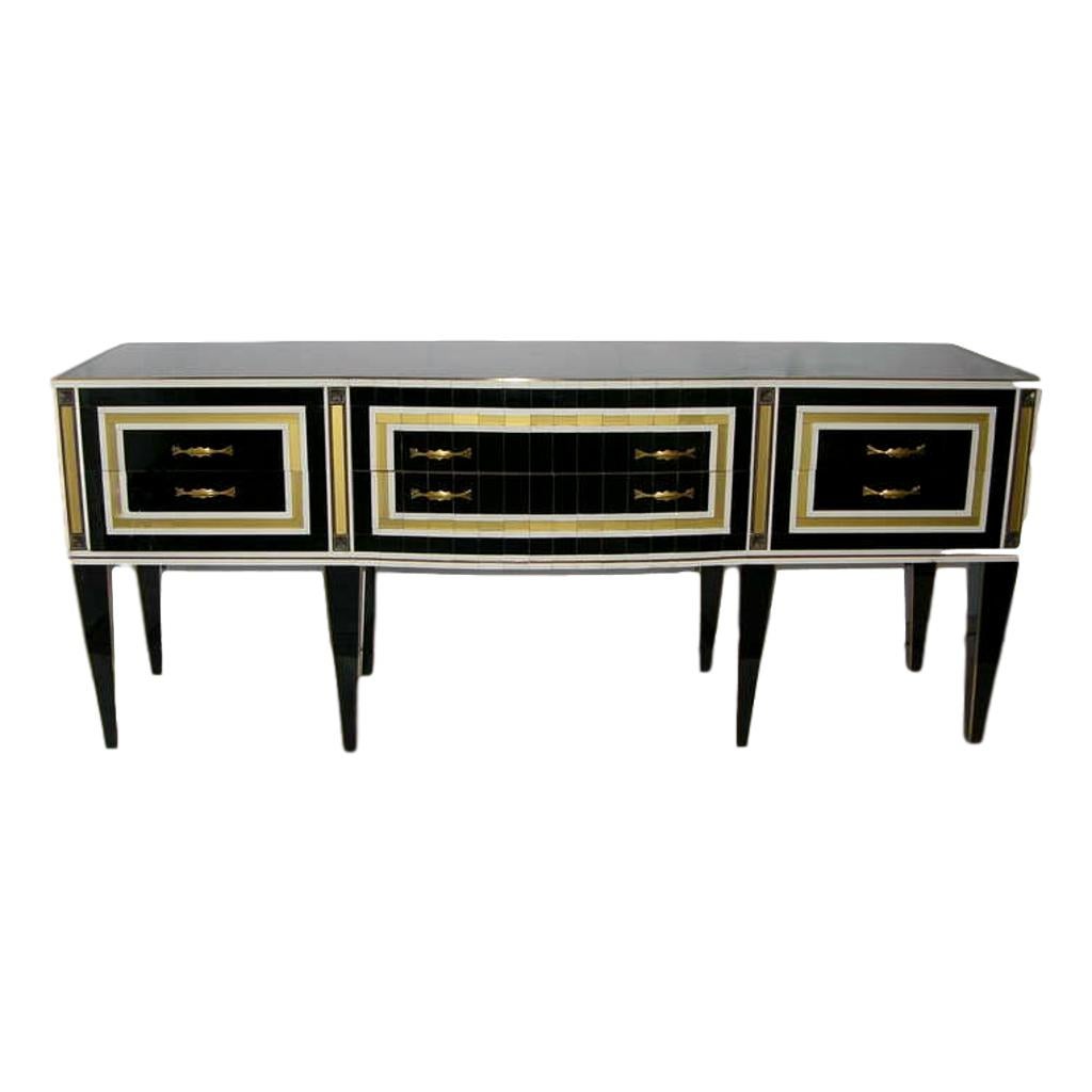 1950s Italian Art Deco Style Black Glass Sideboard with White and Bronze Insets For Sale